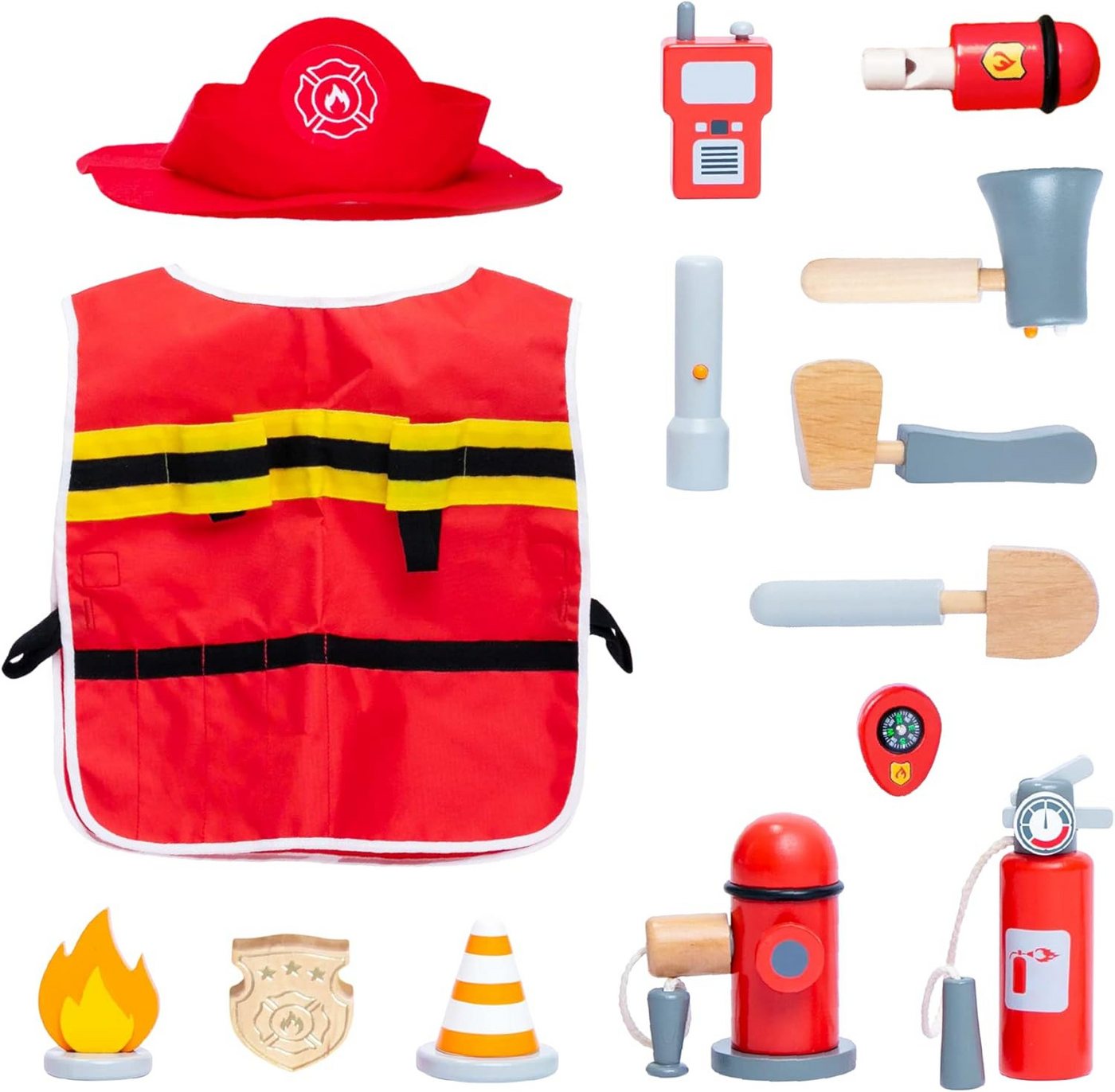 Esun Spielzeug-Polizei Einsatzset Holz Feuerwehrmann Spielset mit Feuerwehr Kostüm Kinder, Kappe 14 St., (SET, 14-tlg., Komplettset), Geschenk für Mädchen Jungen ab 3 4 5 6 7 8 Jahre