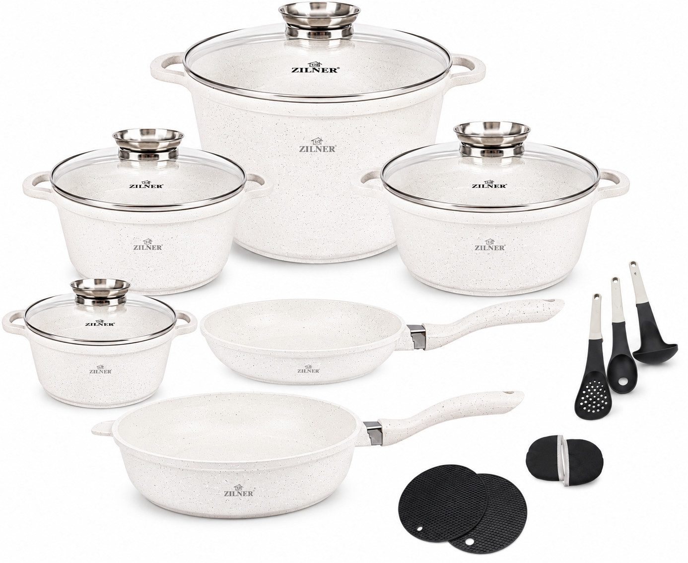 Zilner Topf-Set Elegantes 17-tlg Kochtopfset in Hellbeige mit Küchenzubehör, Premium, Keramik, Aluminium, Edelstahl, Aluminiumguss (Dank seiner hochwertigen Verarbeitung, der umfangreichen Ausstattung und der eleganten Optik ist dieses Kochgeschirr-Set zu