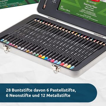 Derwent Buntstift Acadamy, (Set, 28-tlg., Acrylstifte), Pastell, Neon und Metallfarben, Metallbox