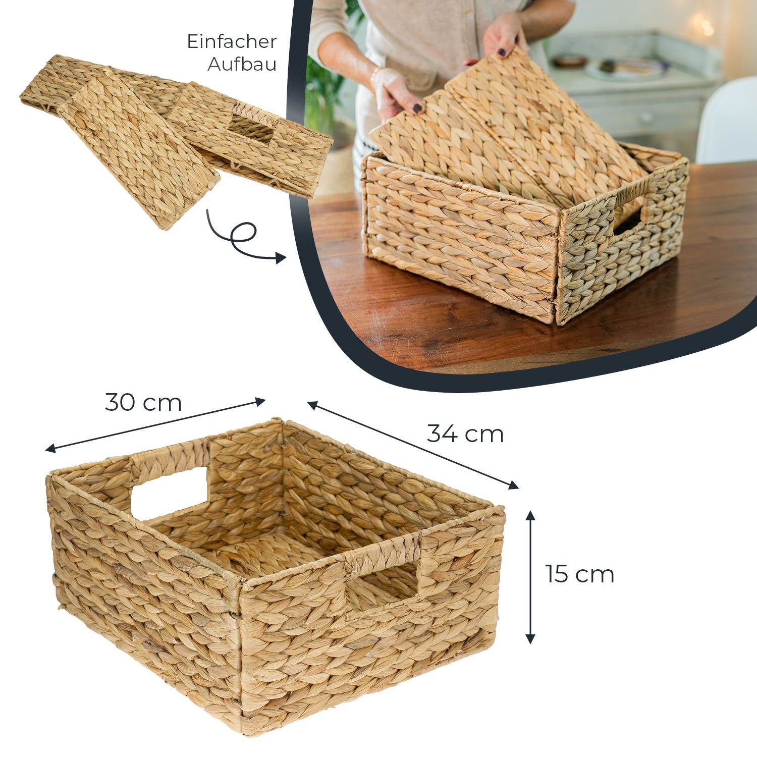 HMF Regalkorb 2er Set Aufbewahrungskorb passend für KALLAX halbes Fach, Korb geflochten aus Wasserhyazinthe mit Griffen, 30 x 34 x 15 cm – Bild 5 von 5
