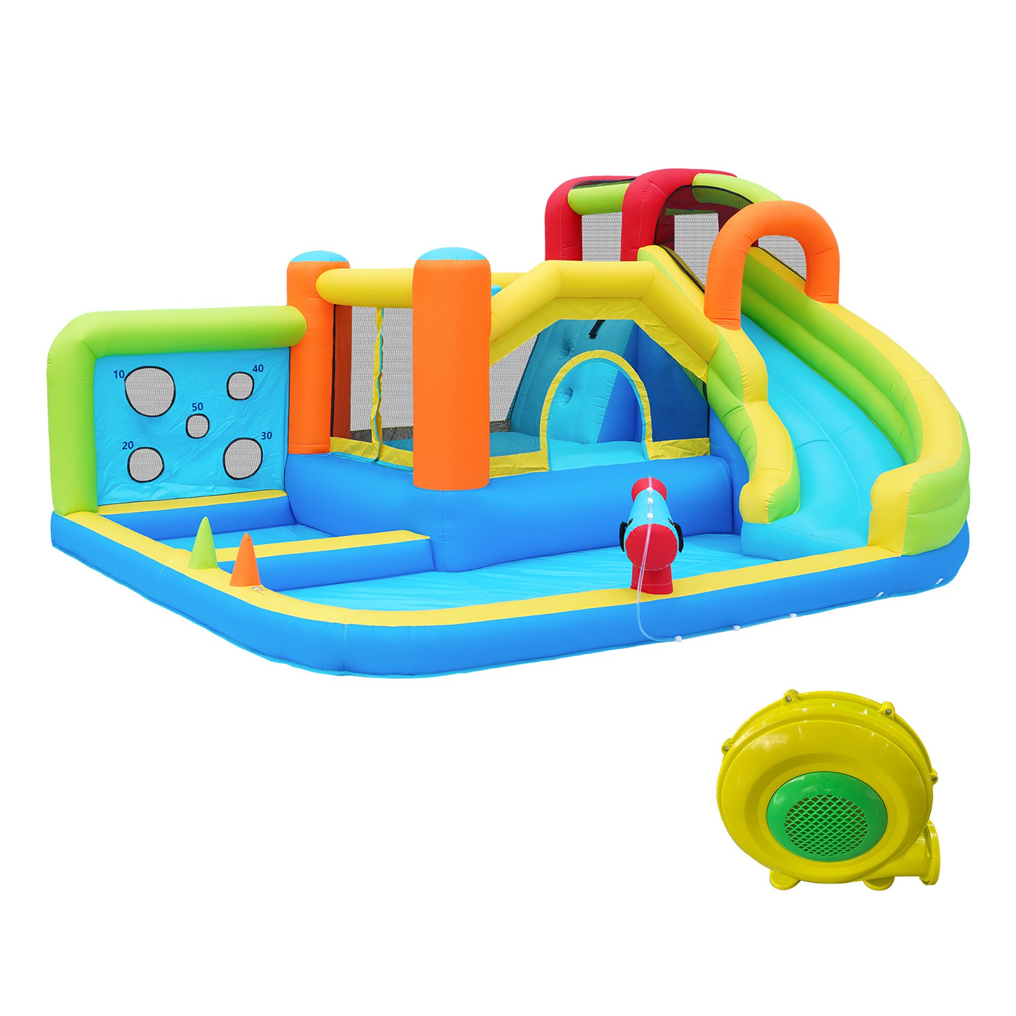 Rutaqian Hüpfburg Große Hüpfburg, Wasserspielcenter mit Trocken/Wasserrutsche, Gebläse, (Wurfpunktwand,Basketballkorb,Kletterwand,410x315x203cm), Multifunktionaler Wasserpark+Trampolinpark für Kinder