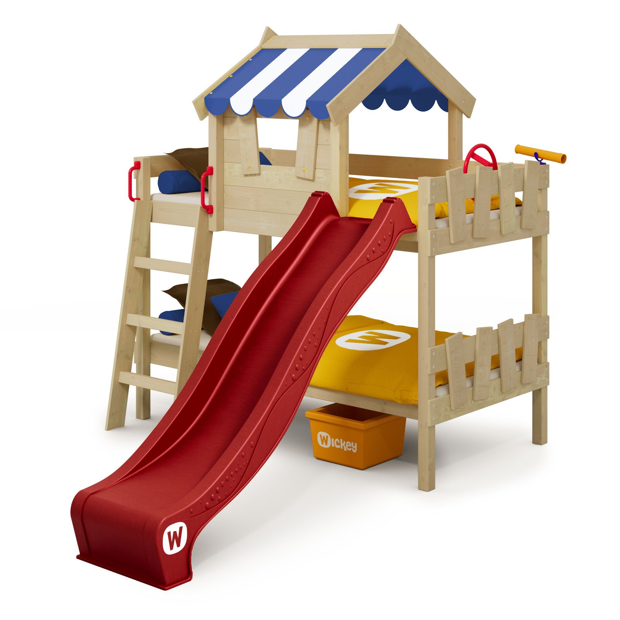 Wickey Kinderbett Crazy Circus - Spielbett mit Rutsche, Etagenbett - 90 x 200 cm (Holzpaket aus Pfosten und Brettern, Spielbett für Kinder), Massivholzbrett rot/blau
