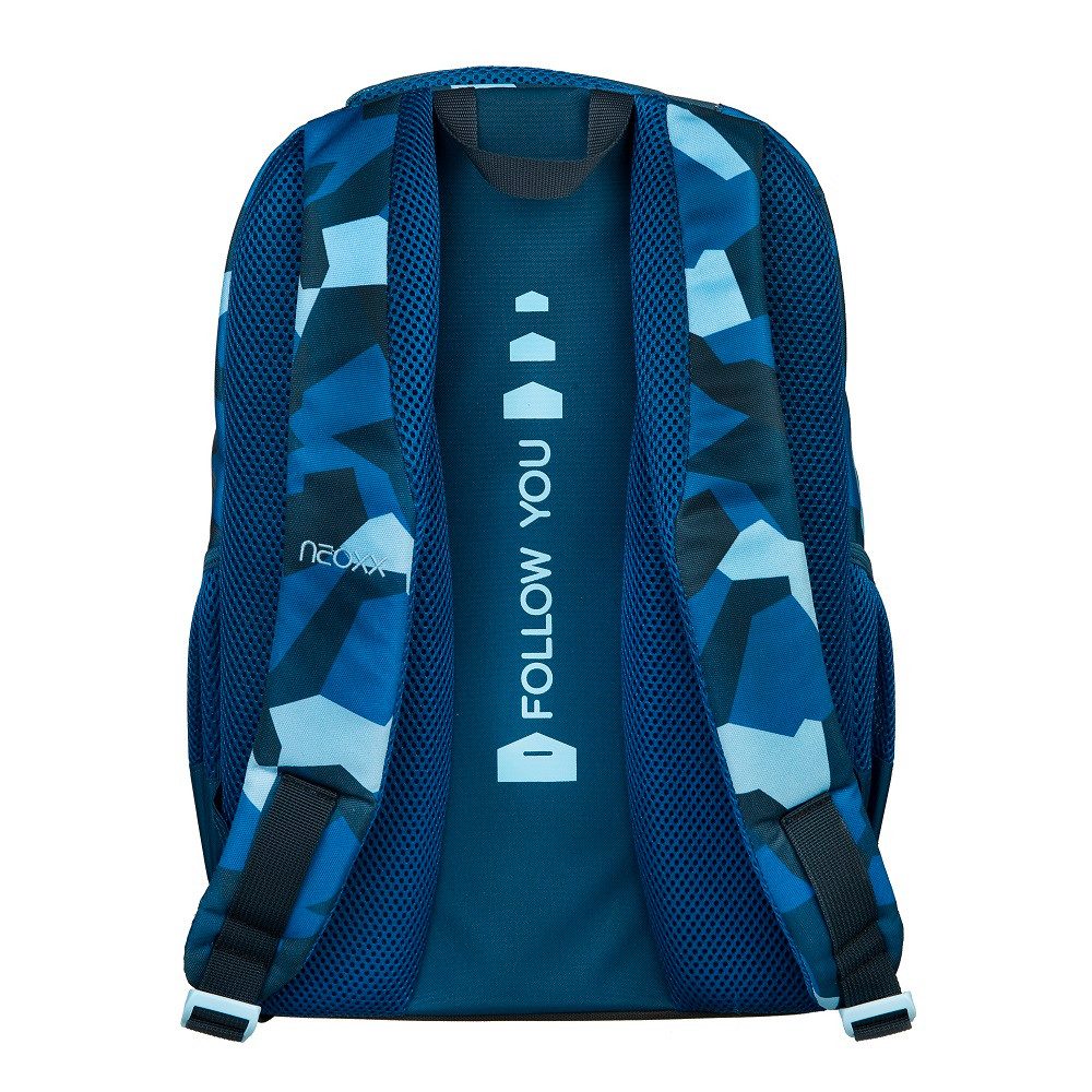 neoxx Schulrucksack Fly Schulrucksack 5. bis 12. Klasse (Set, 2-tlg., inkl. Schlamper-Mäppchen), Camo Nation Blau für Jungen und Mädchen
