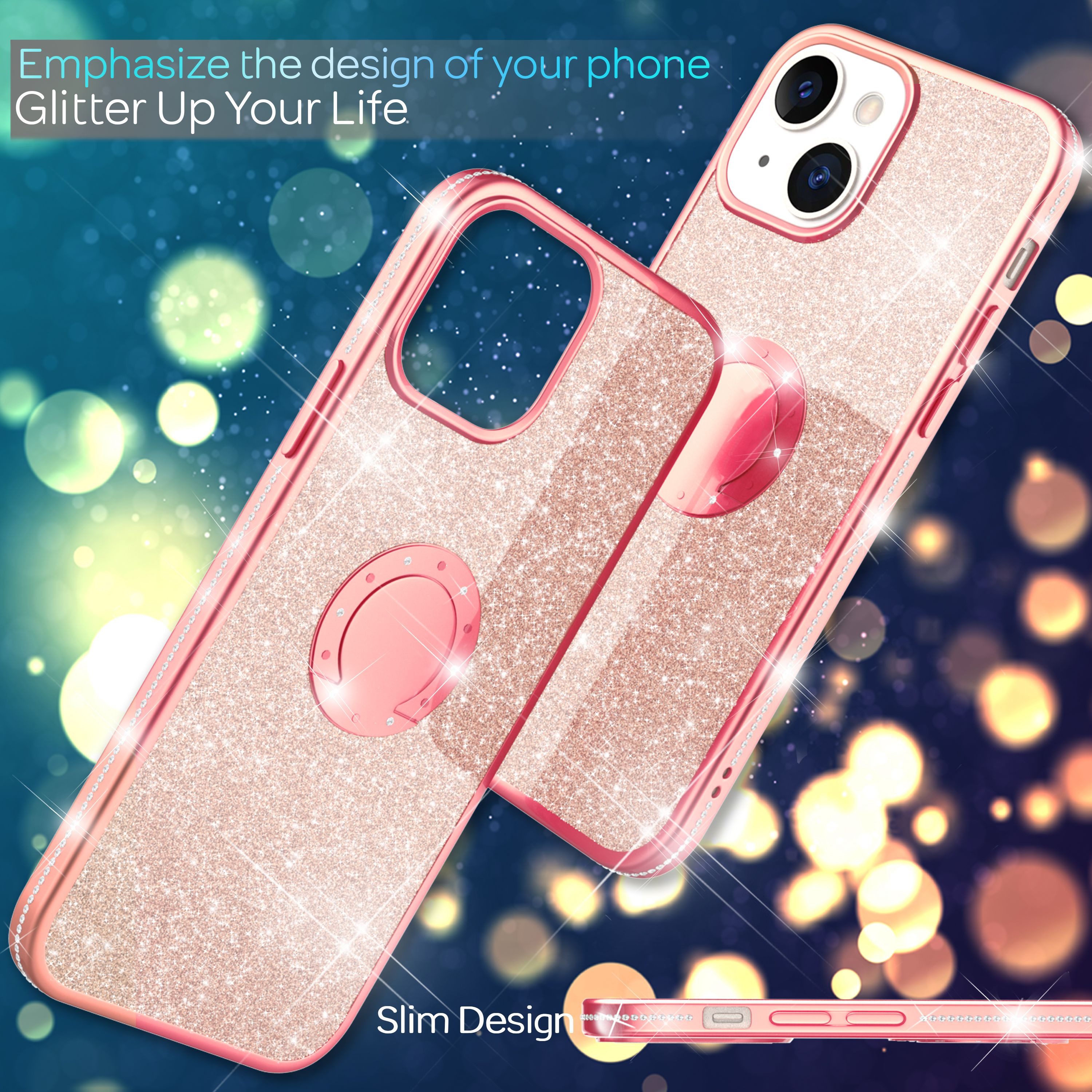 Nalia Smartphone-Hülle Apple iPhone 13 15,5 cm (6,1 Zoll), Glitzer Ring Silikon Hülle / 360 Grad Finger-Halter / Standfunktion
