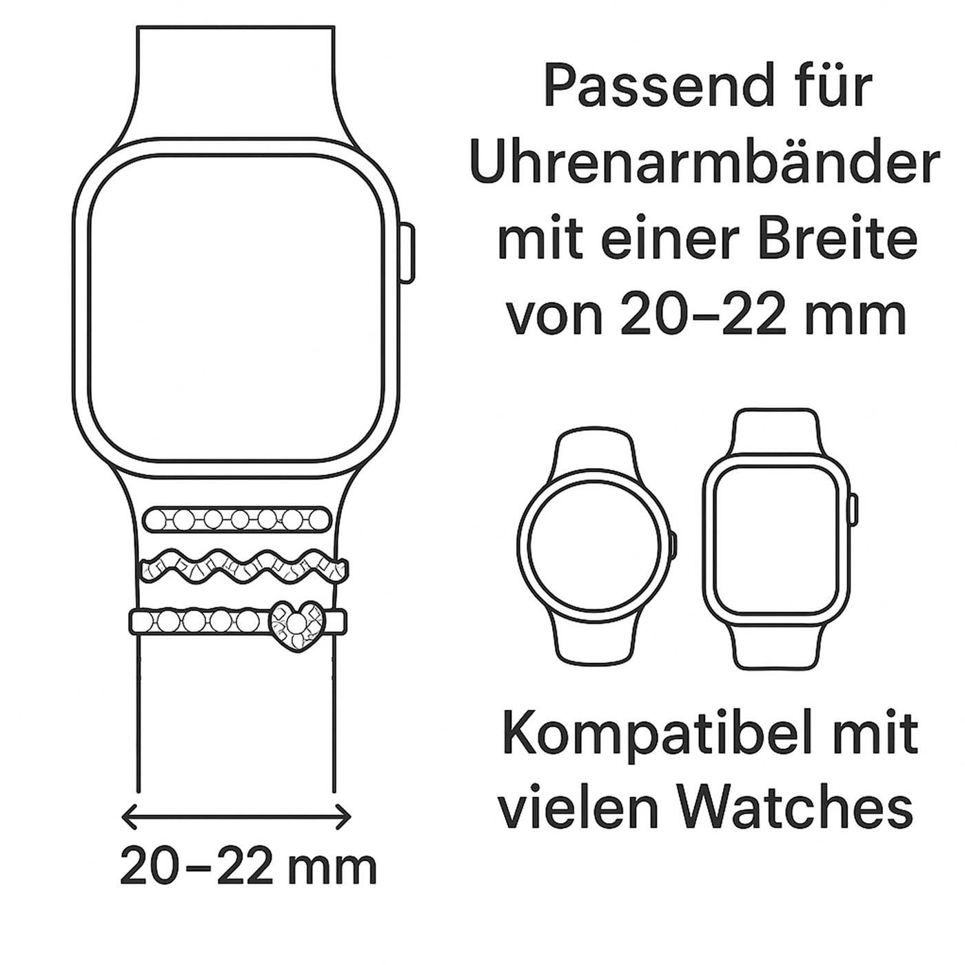 CoolGadget Smartwatch-Armband Schmuck Ringe Charms Uhren Deko Motiv Clips 21mm, Zubehör passend für alle Apple Watch und Samsung Galaxy Watch Modelle