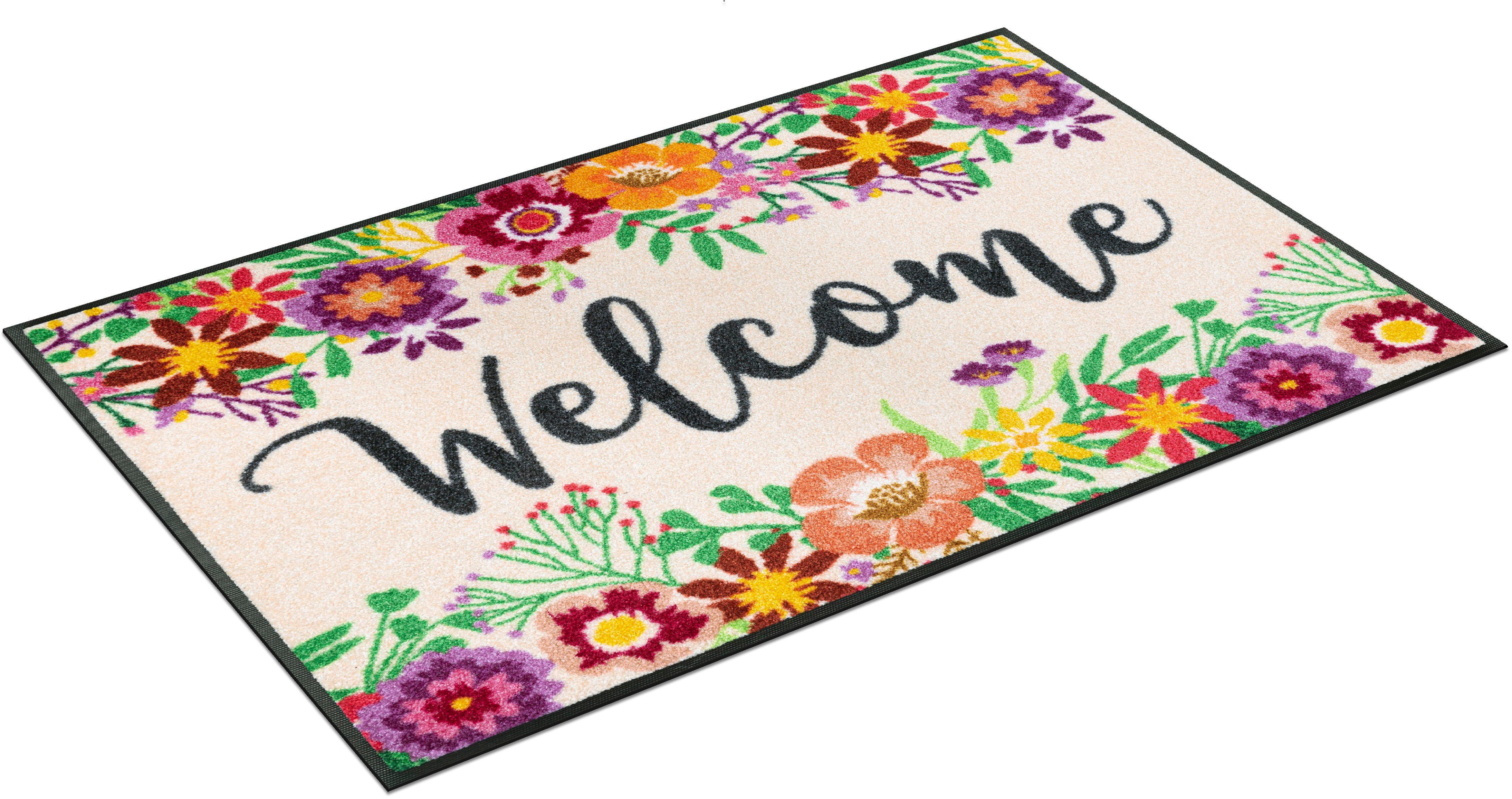 wash+dry Welcome 7 Blumen, Blooming, waschbar Höhe: rutschhemmend, mit Teppich Spruch, mm, Motiv rechteckig, by Kleen-Tex,