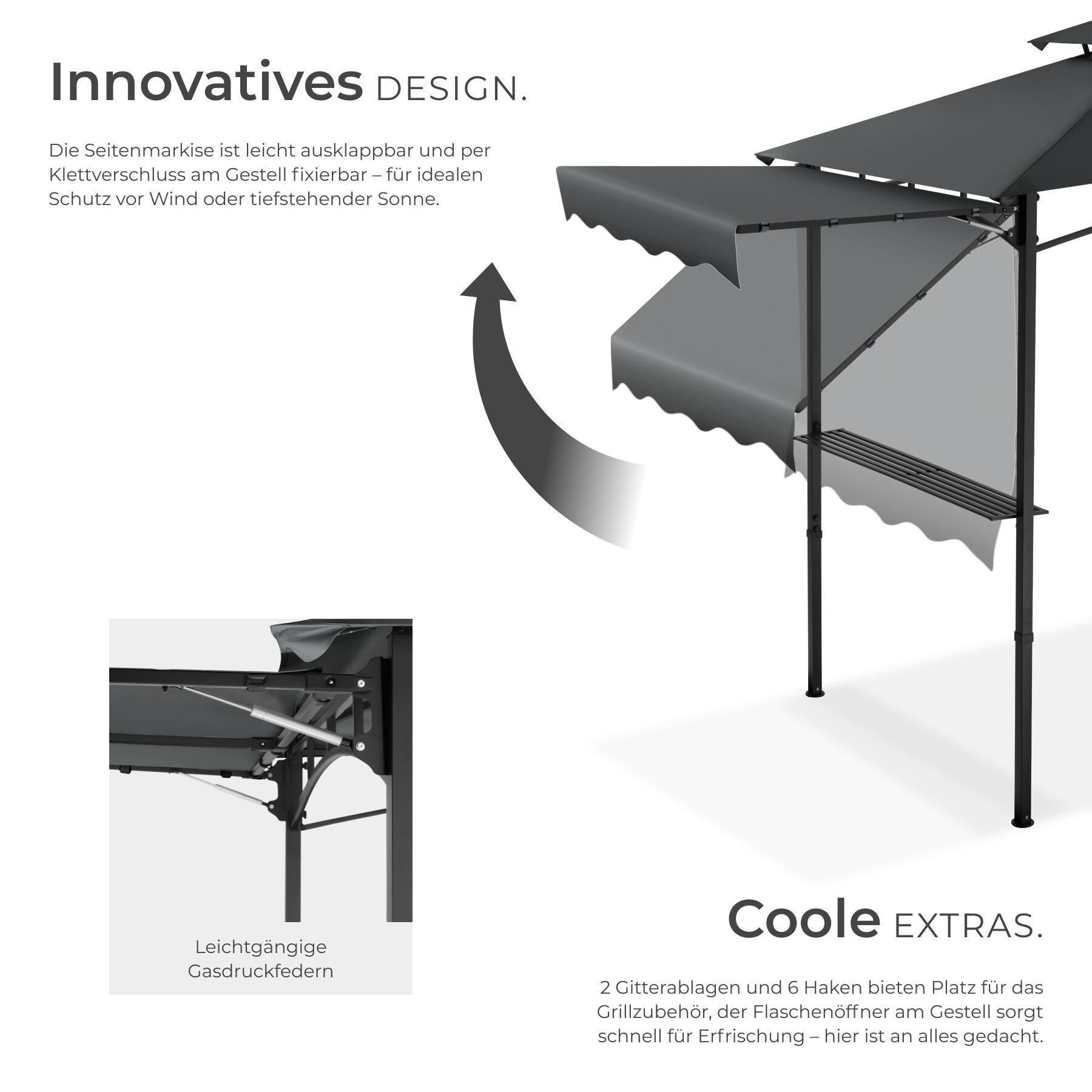 tectake Pavillon Grillpavillon, inklusive 8 Heringen und 6 Haken, 316 x 150 x 250 cm, mit 2 Seitenteilen, (316 x 150 x 250 cm, Komplettset), Doppeldachsystem, Flaschenöffner am Gestell