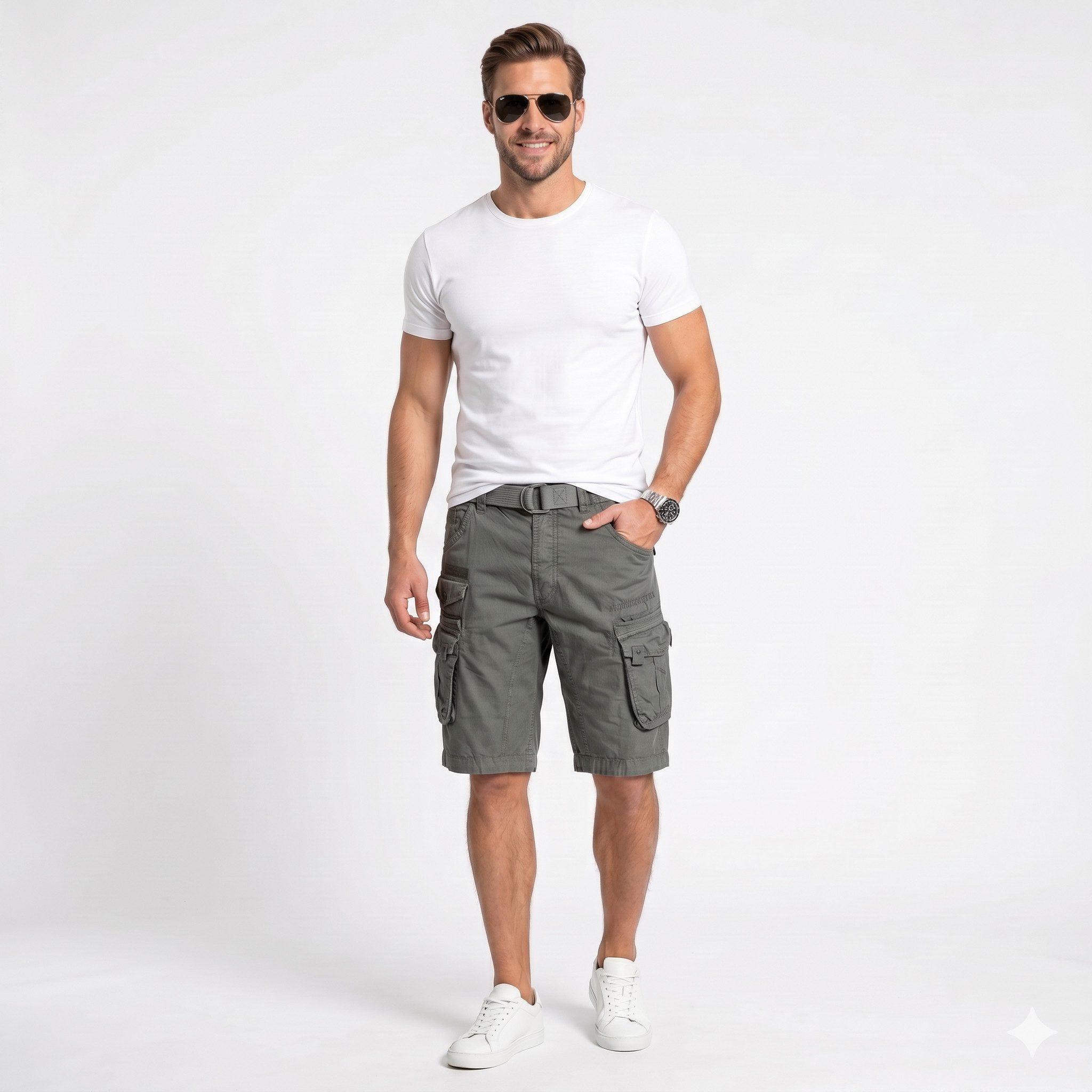 Geographical Norway Cargoshorts Herren – Kurze Hose aus Baumwolle, Regular Fit Bermuda Shorts mit Gürtel & Cargotaschen, Größe S–5XL