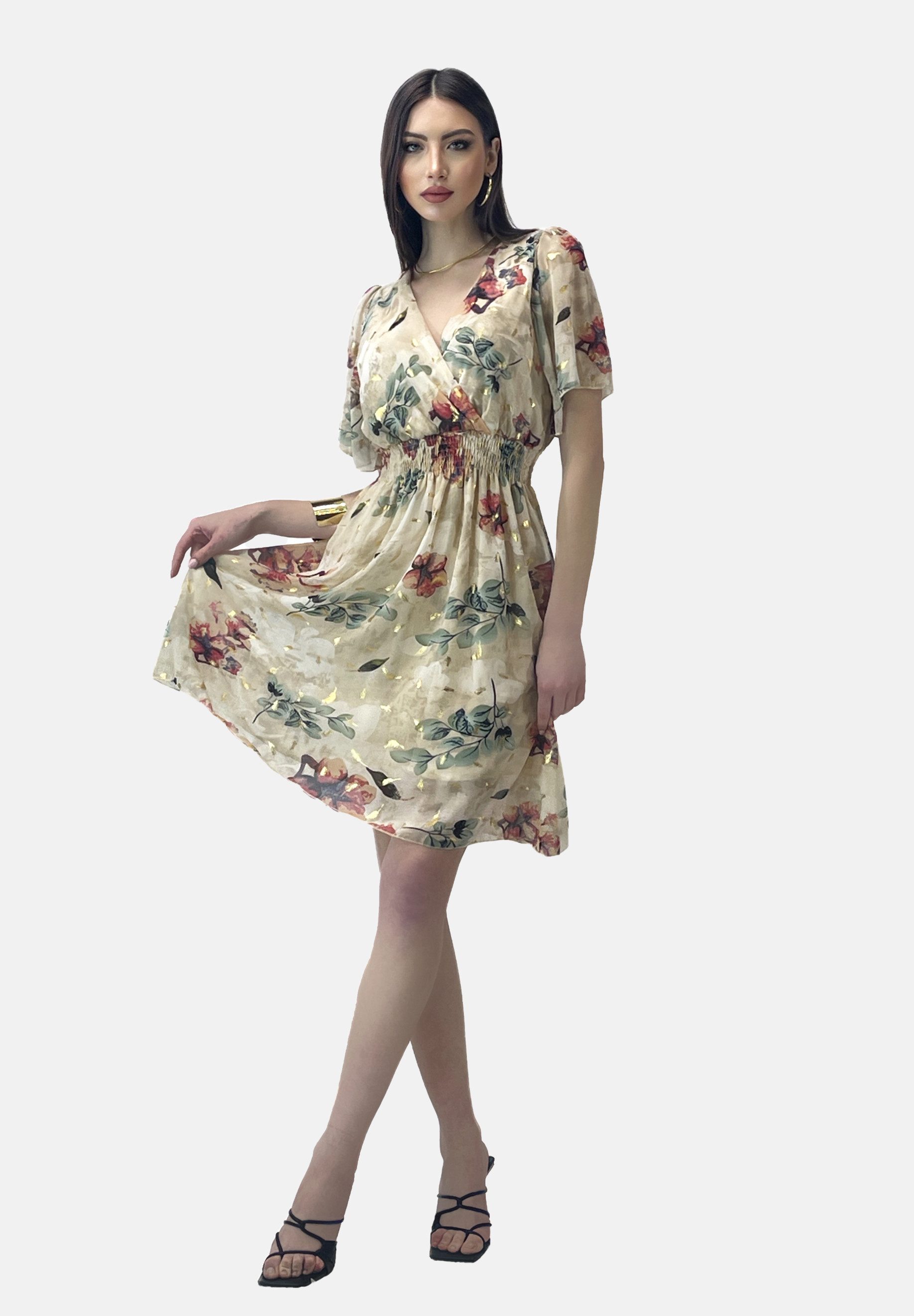 Elara Sommerkleid Damen Chiffon Sommerkleid mit Blumenmuster – Wickelkleid mit Muster