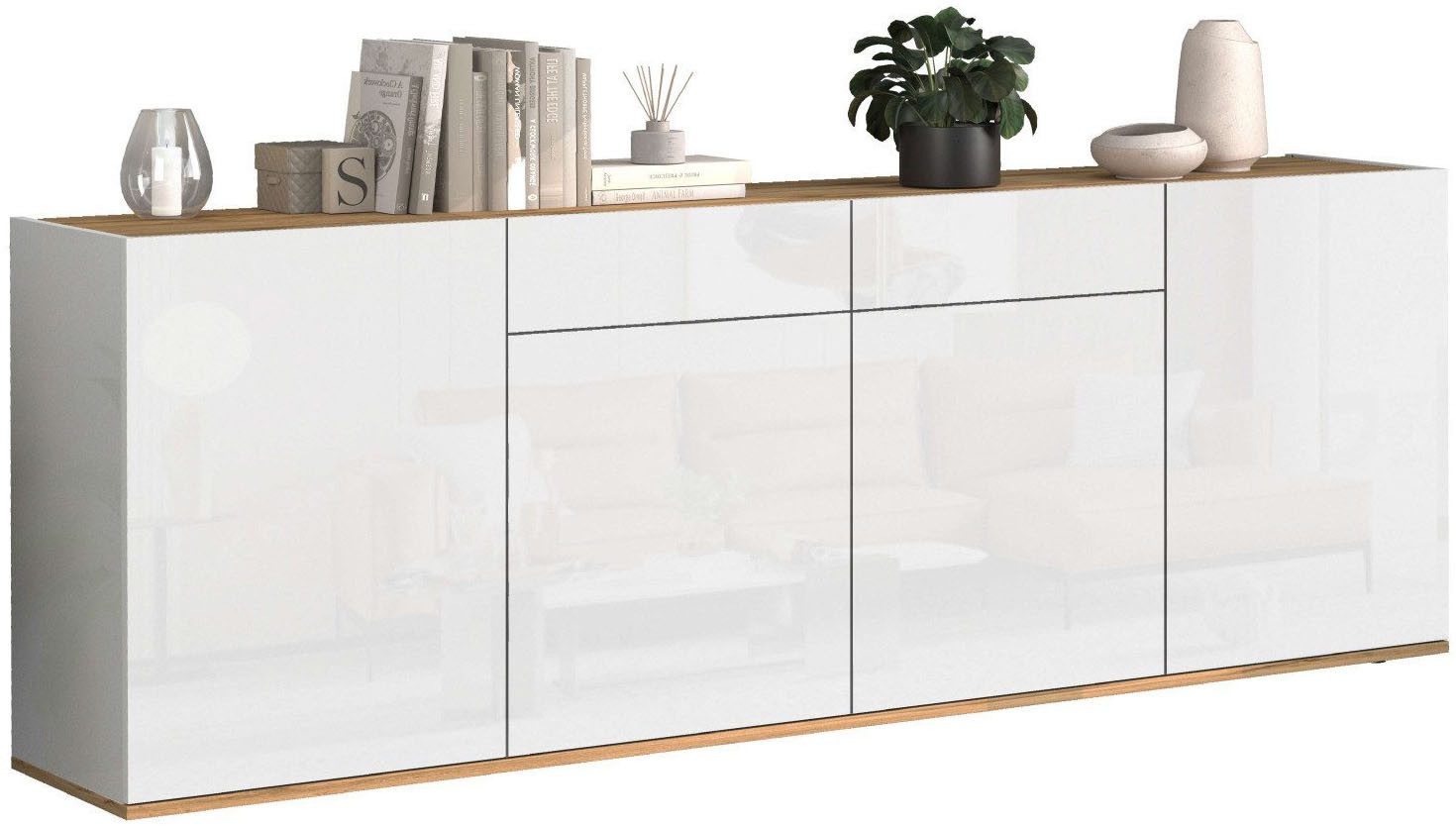 OTTO home Sideboard GARDA, Kommode, Schrank, untere Türen mit Push-to-Open, Made in Italy (1 St), Hochglanzlackierte Fronten, 4 Türen, 2 Schubladen, grifflos, B 200 cm