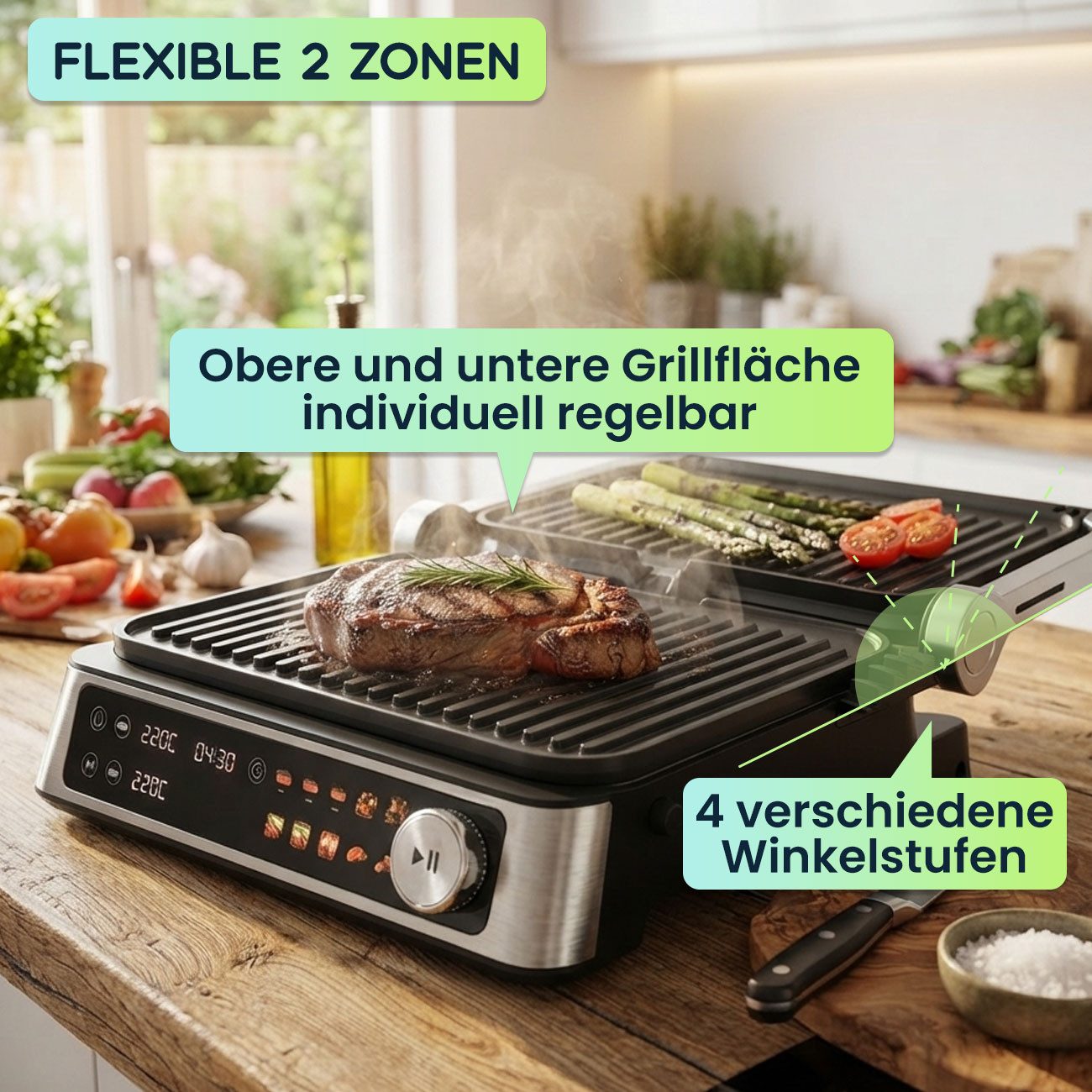Casativo Kontaktgrill 2000W Kontaktgrill mit Farbdisplay & 2 Zonen, Tischgrill für Steak, 2000 W, Elektro-Kontaktgrill mit Farbdisplay, 2 getrennten Zonen, 180° Öffnung