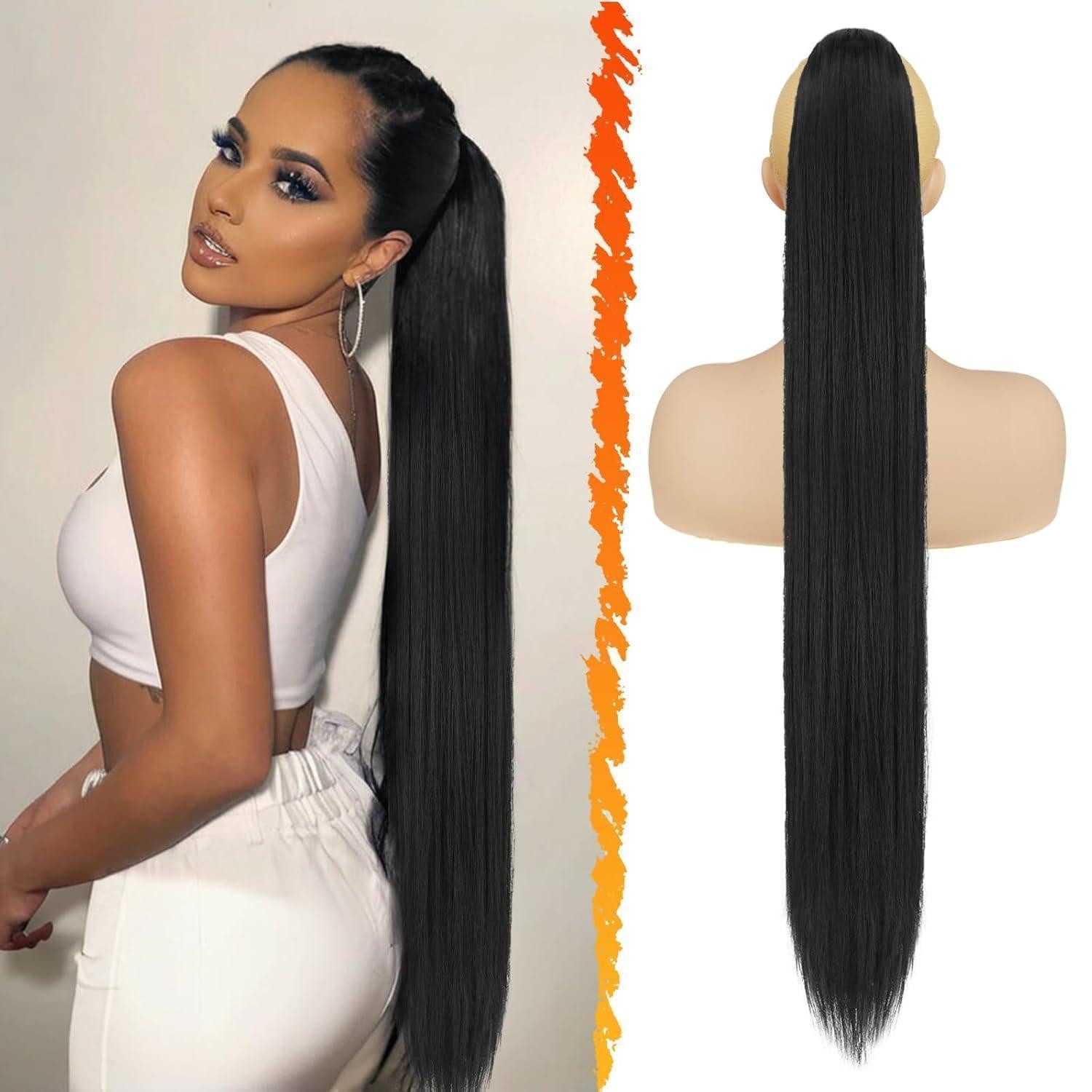 LuxusKollektion Kunsthaar-Extension Schwarze Pferdeschwanz Verlängerung Lang Glatt Synthetik 86CM Haarclip