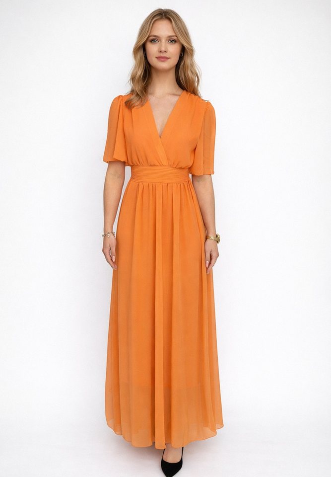 Elara Maxikleid Damen Maxikleid mit V-Ausschnitt, Flügelärmeln und gesmokter Taille (1-tlg)