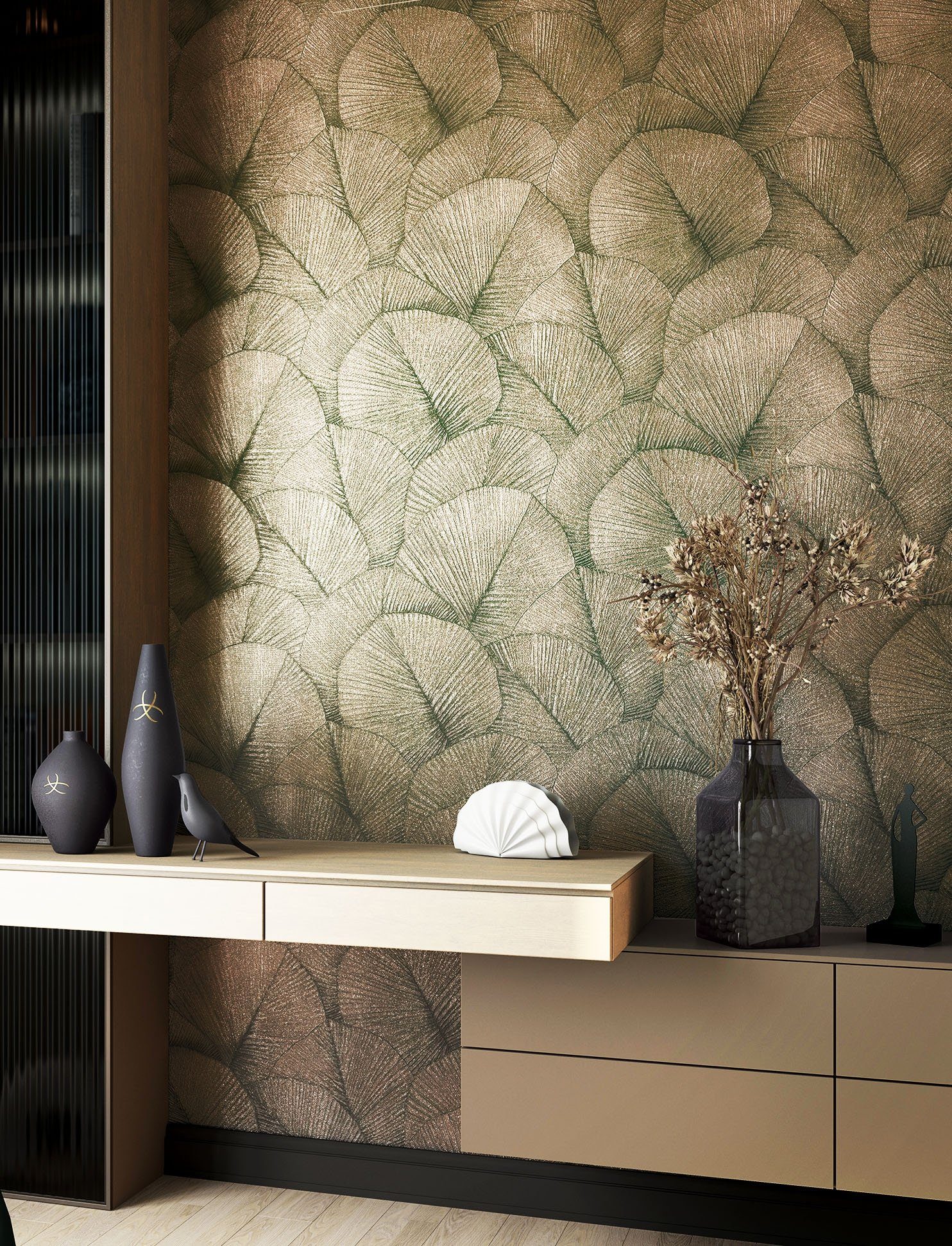 Newroom Vliestapete Palmera Gold Tapete Mustertapete Dschungel,Palmen,Blätter, Gold Tapete Modern Dschungel - Mustertapete Dschungeltapete Beige Braun Tropisch Floral Palmen Blätter für Wohnzimmer Schlafzimmer Küche, Dschungeltapete
