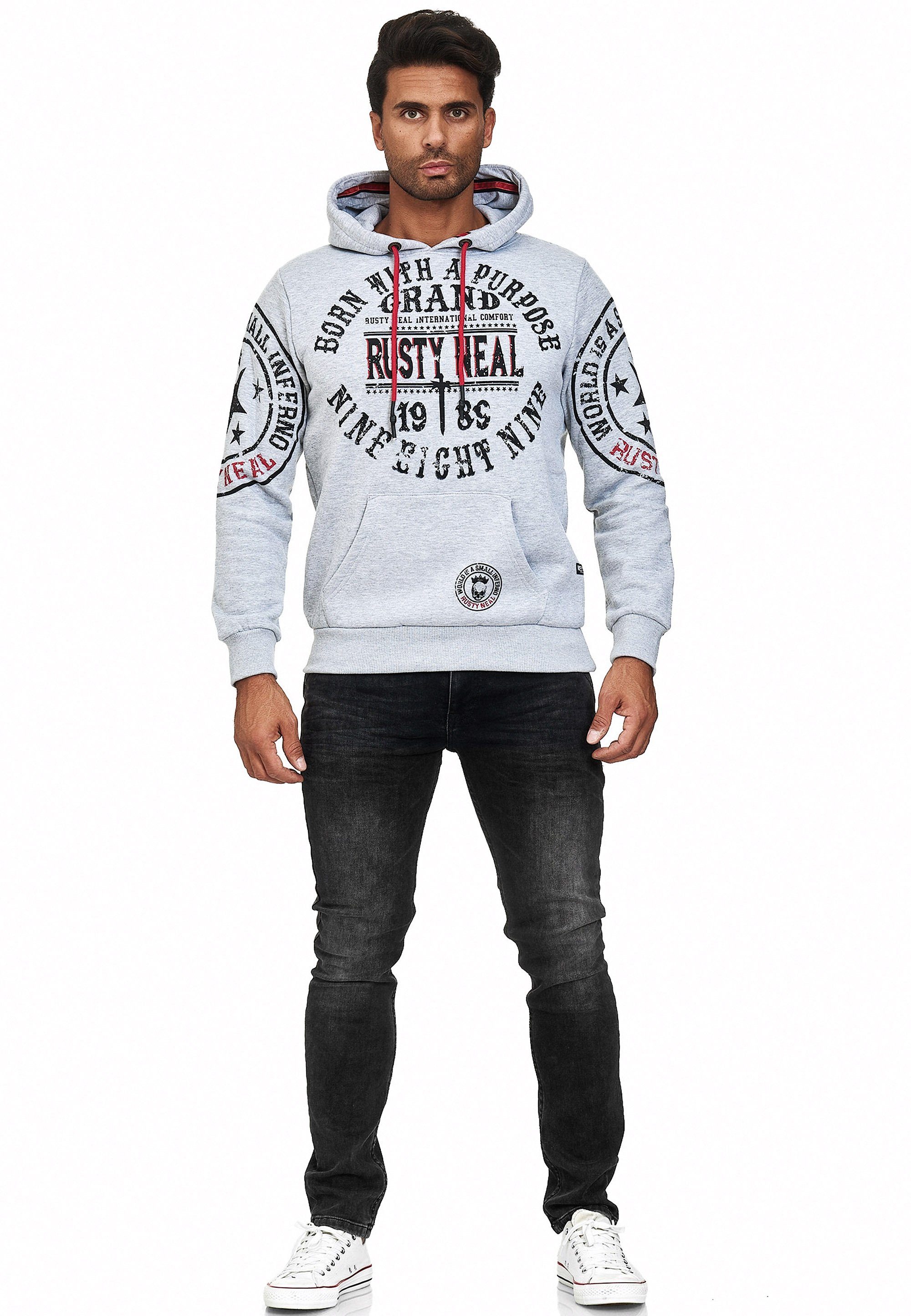 Rusty mit Neal coolen Kapuzensweatshirt hellgrau-meliert Markenprints