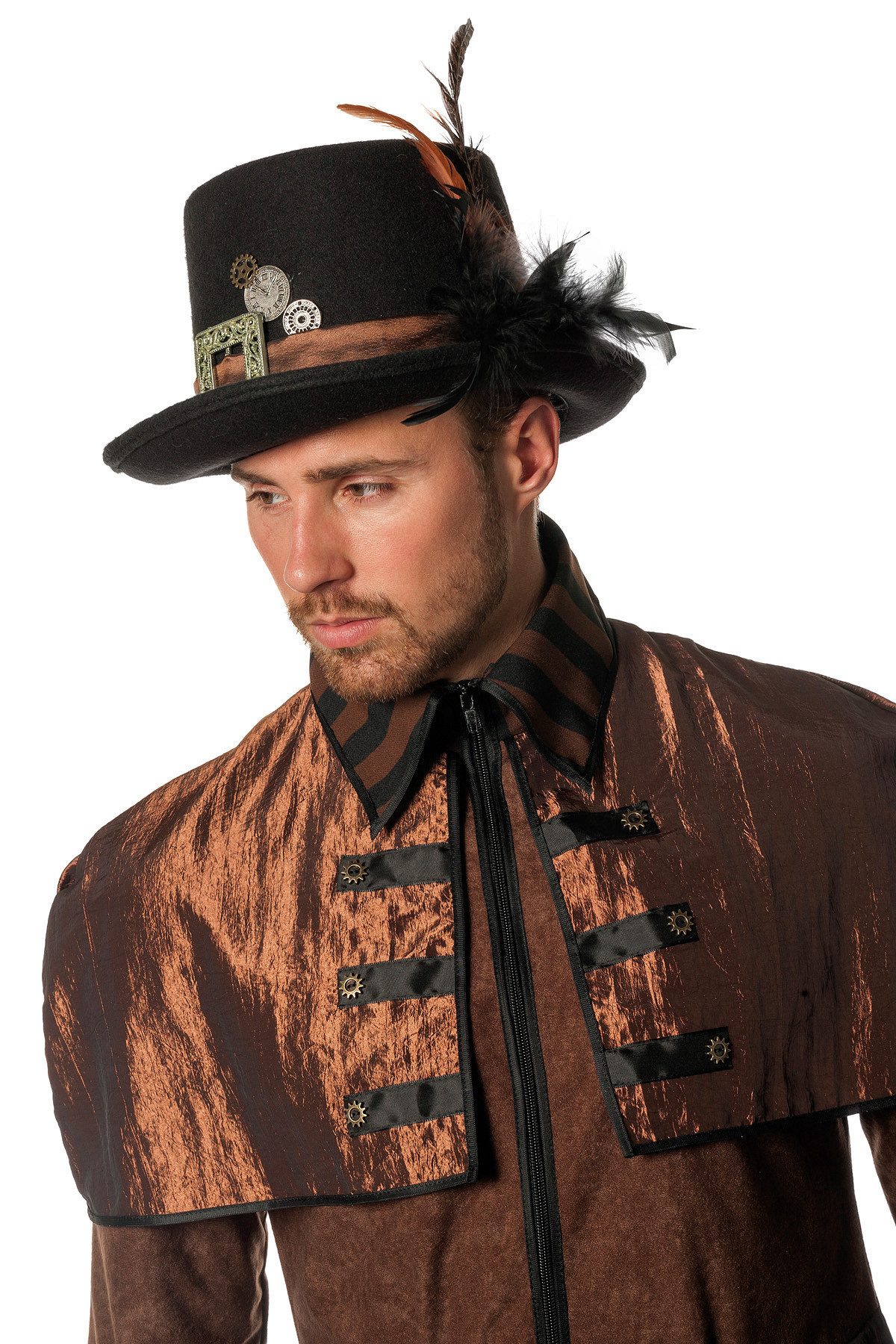 Wilbers Kostüm Steampunk Zylinder mit Federn, Schwarz - Hut Zube