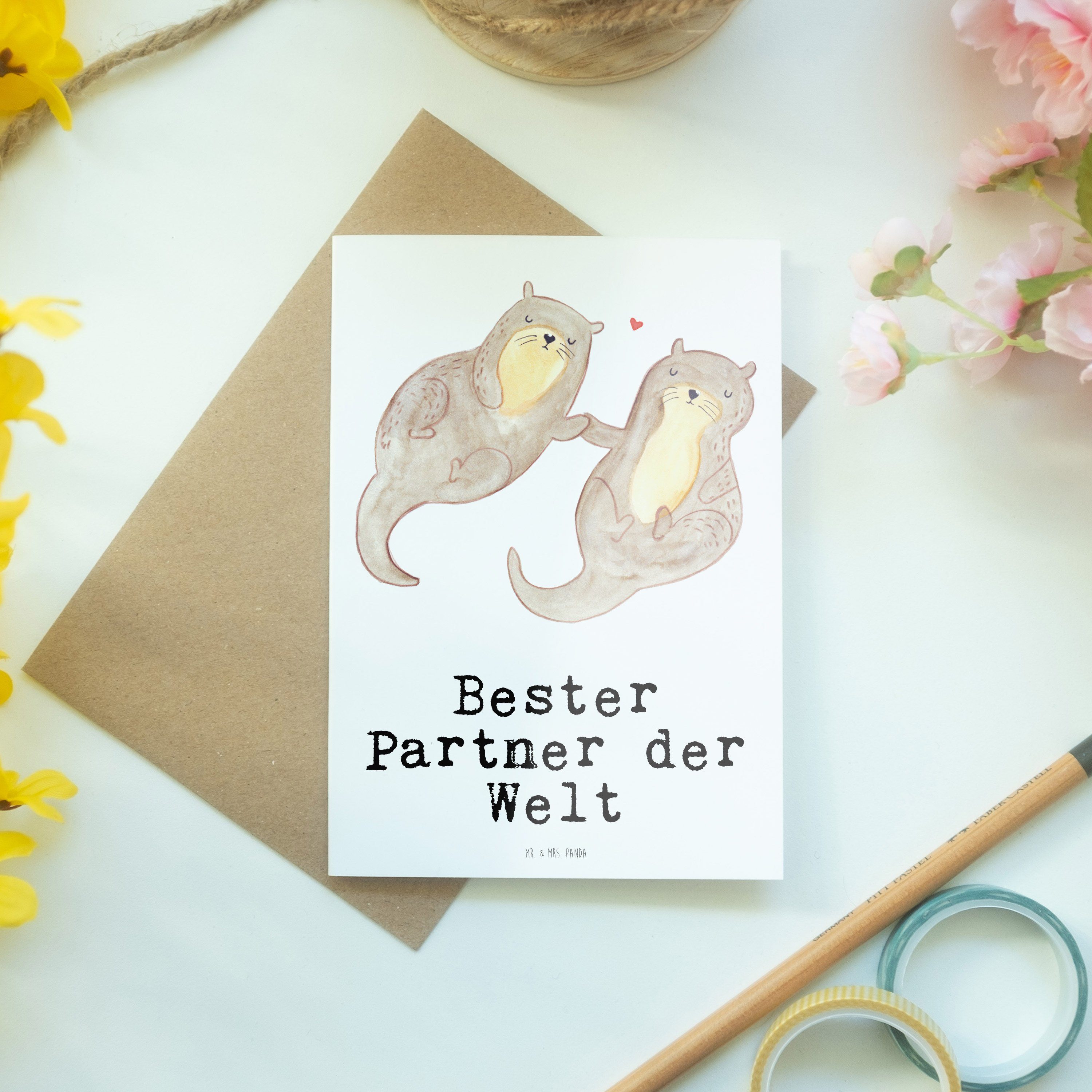 Geschenk, Grußkarte Welt Paa & Mr. Mrs. Einladungskarte, Otter - Partner - Panda Bester der Weiß