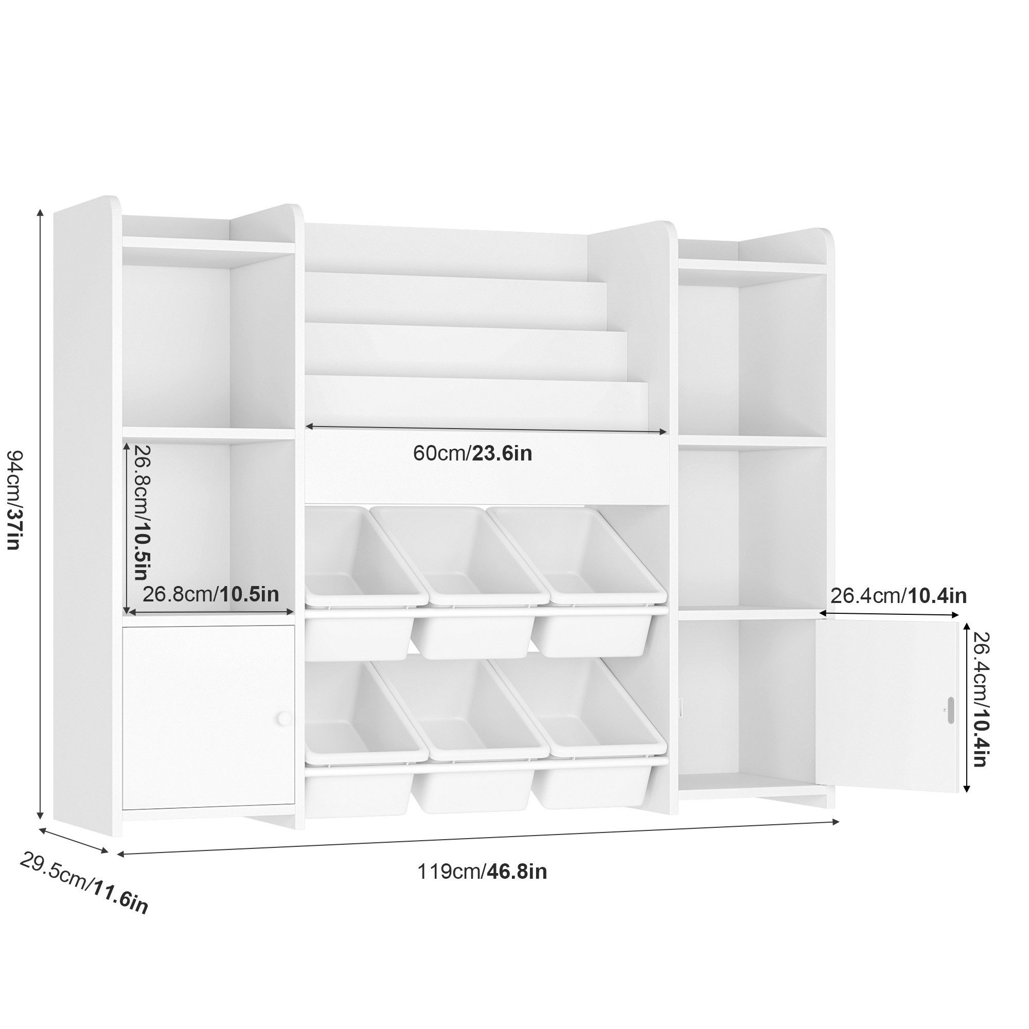 Homfa Kinderregal, Kinderbücherregal Spiegelregal mit 6 Boxen weiß 119x29x94 cm