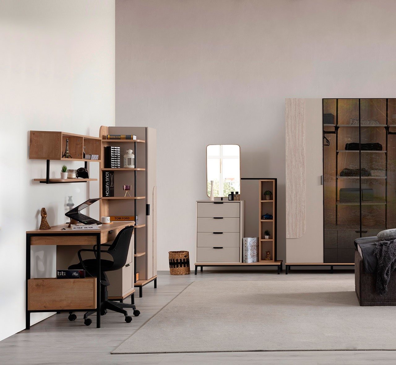 JVmoebel Schlafzimmer-Set JVMoebel Schlafzimmermöbel in hellem Holz mit Schminktisch und Regal, Made in Europa
