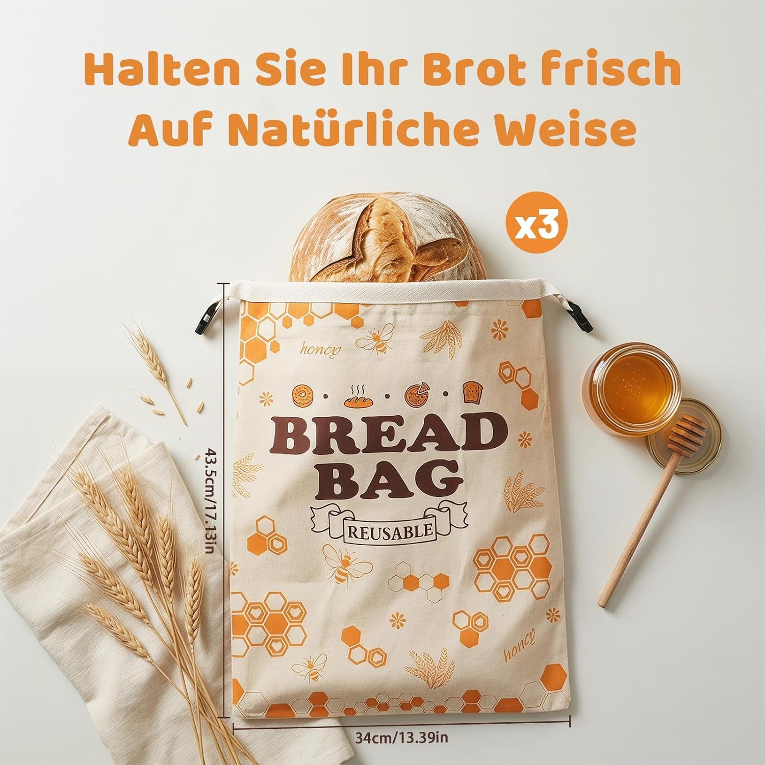 Diwzbyn Brottasche Bienenwachs Brotbeutel,42x33 cm Brotbeutel mit Bienenwachs – Bild 4 von 5