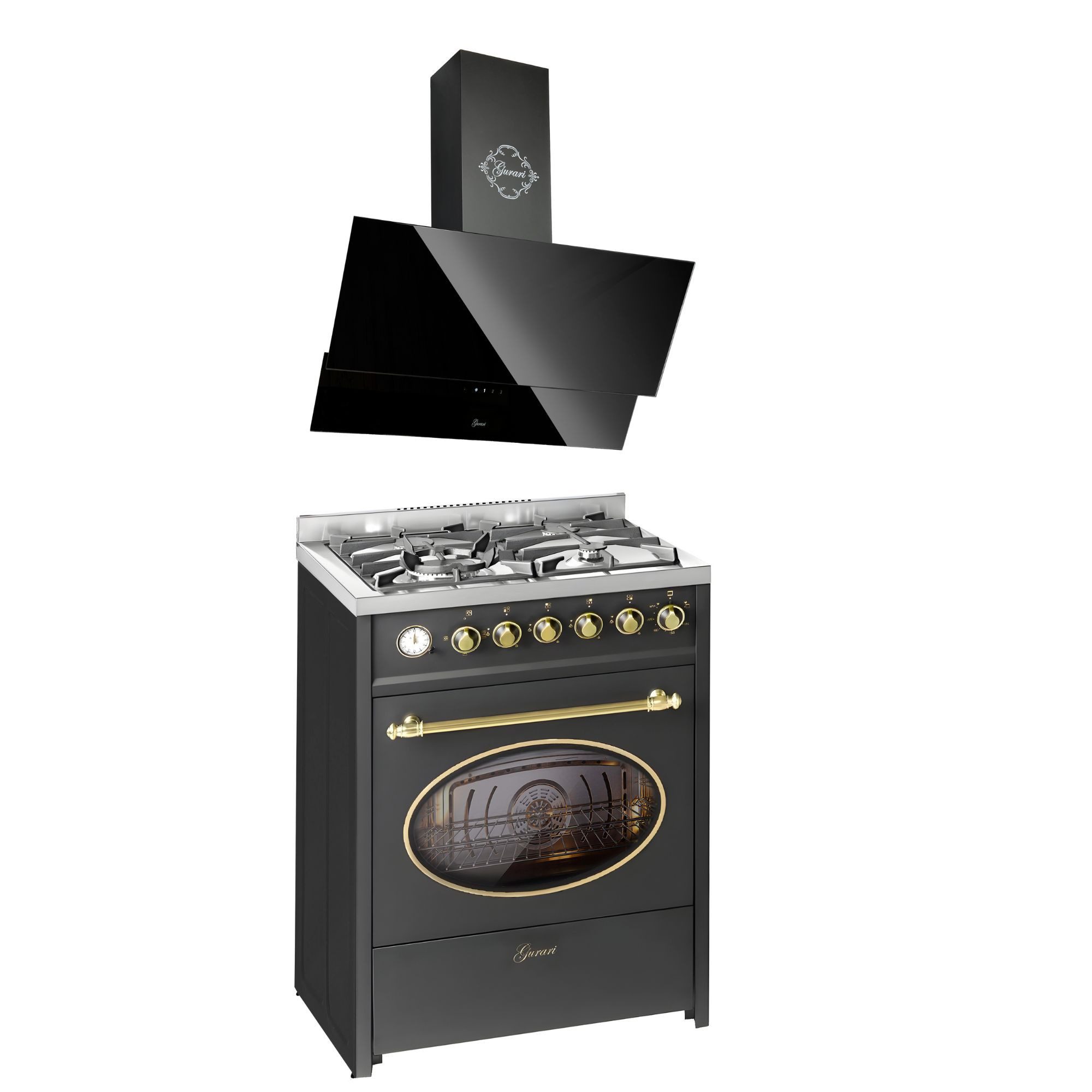 GURARI Gas-Standherd Retro Gas Elektro Standherd 60 cm Erdgas Fl.Gas 4 Kw WOK, 8 Funktionen+Dunstabzugshaube 60 cm Umluft/Abluft E 614 BL r+ GCH D 268 BL 6 PRIME N, mit 1-fach-Teleskopauszug