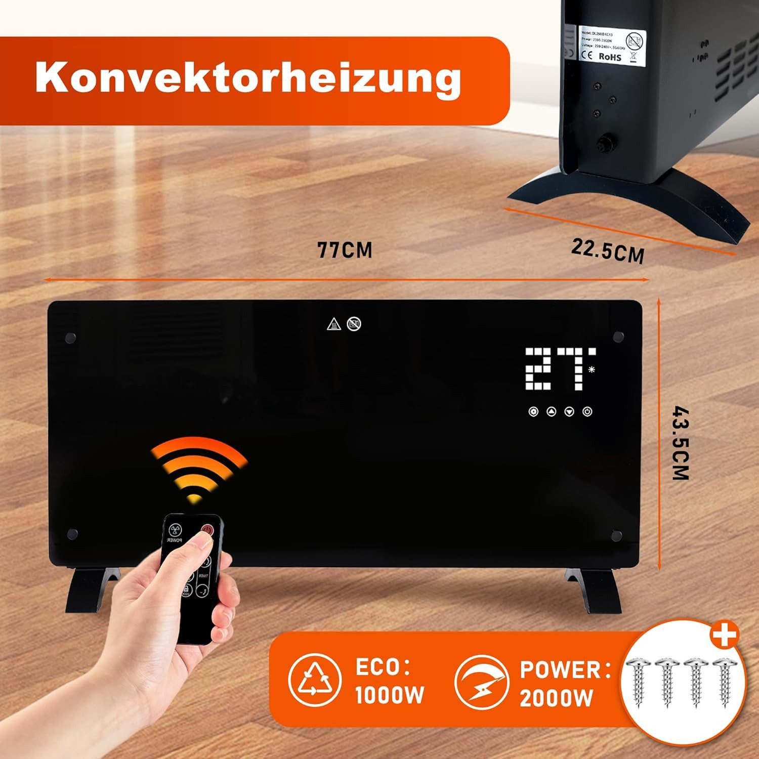 Nettlife Konvektor Elektroheizung 2000W mit energiesparendem Thermostat, 2000 W, für Wohnzimmer Schlafzimmer Heizkörper Heizgerät Heizkonvektor