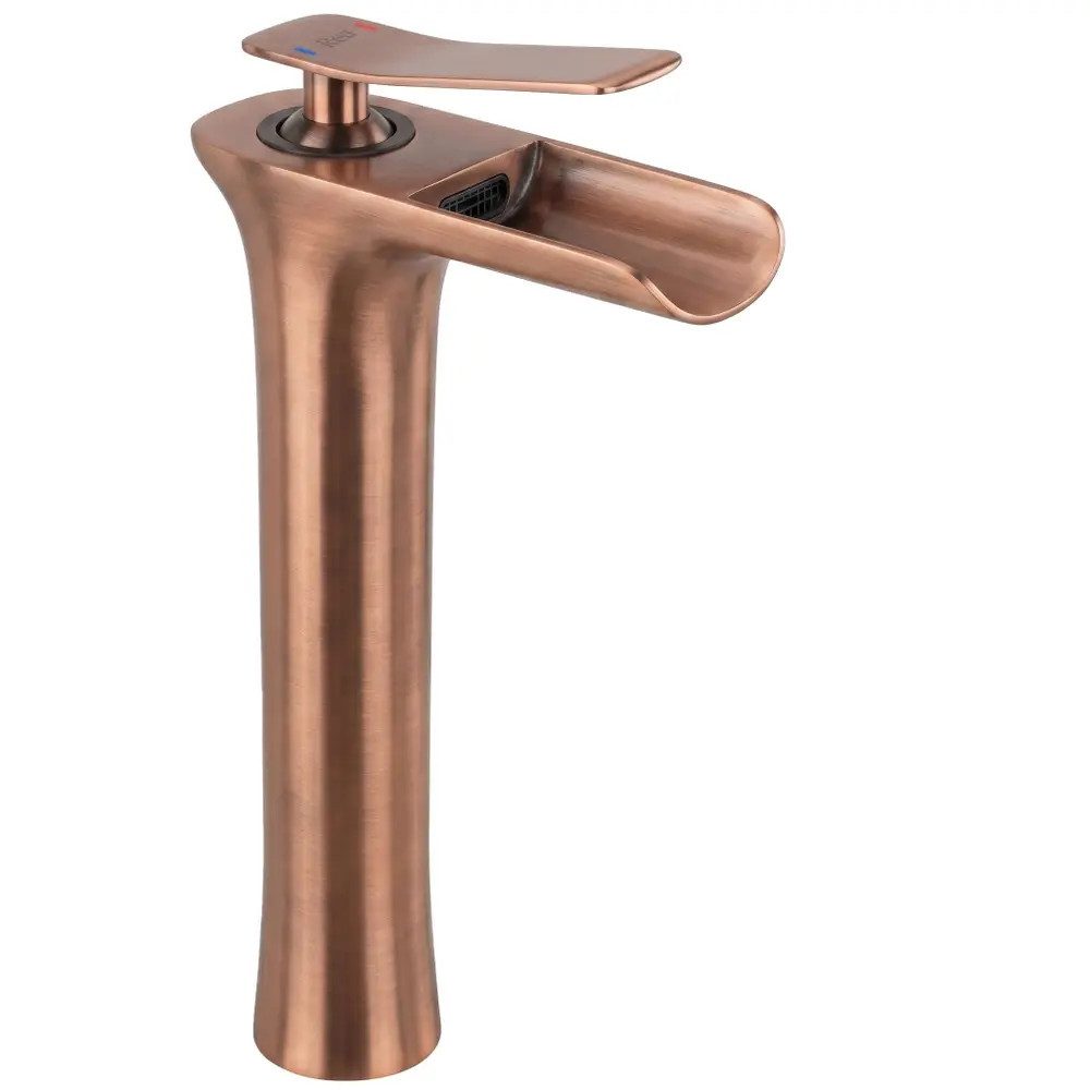 wohnwerk.idee Badarmatur Retro-Waschtischarmatur Hoch, Wasserfall-Auslauf, Edelstahl, antik Gold Matt oder Kupfer Matt