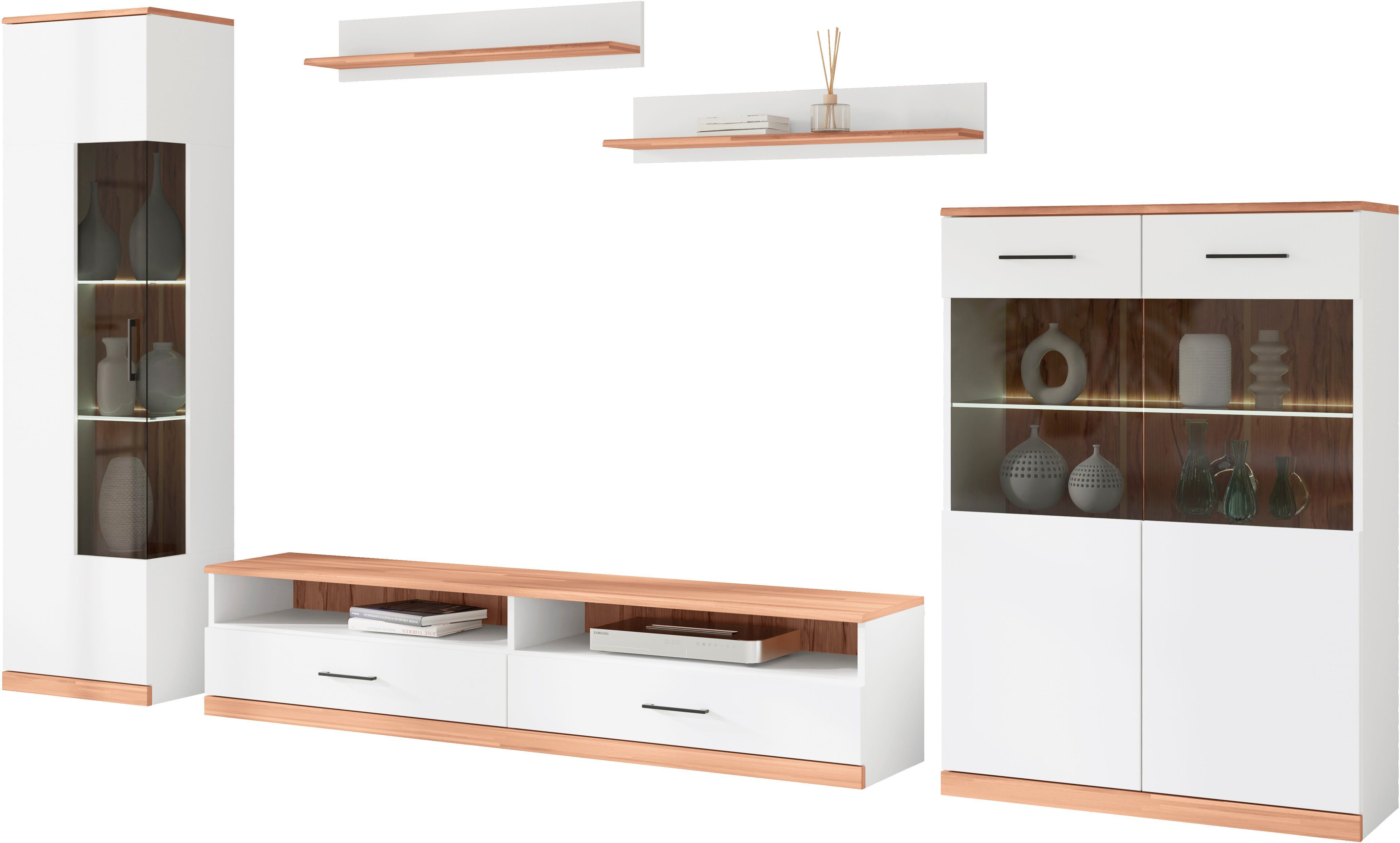 OTTO home Wohnwand Ribe: 5teilig, Breite: 280cm,Fronten aus Massivholz,Korpus aus Melamin, (Set, 5-St), Glaseinsatz aus gehärtetem Glas, Einlegeböden teilweise verstellbar
