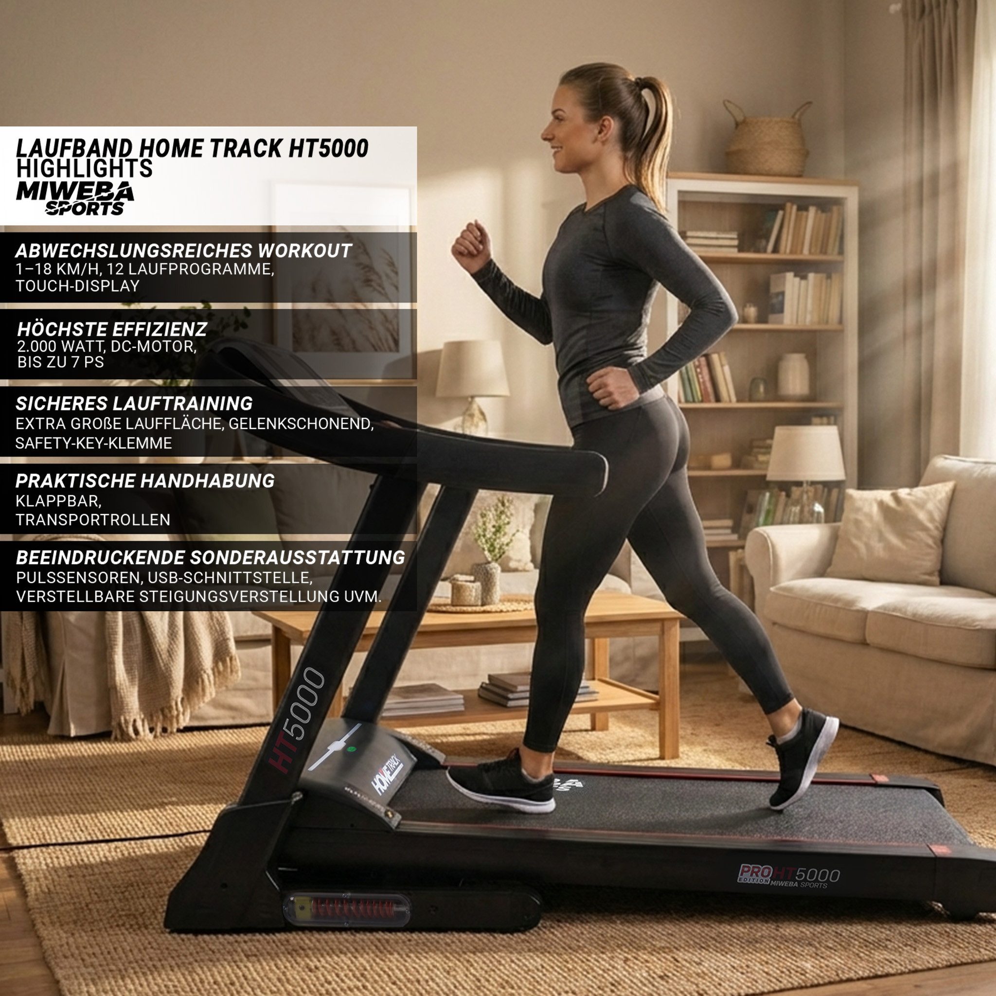 Miweba Sports Laufband klappbar HT5000 - 18 km/h Laufband mit Steigung - 15 % Steigung (Fitnessgerät, Heimtrainer, Treadmill, Trainingsgerät, Sportgerät, Speedrunner, 1-tlg., große Lauffläche, 12 Laufprogramme, Pulsmesser, 7 PS, Bluetooth, 2600 Watt), Laufband klappbar, Laufband klein für zur Hause, Laufband mit Steigung