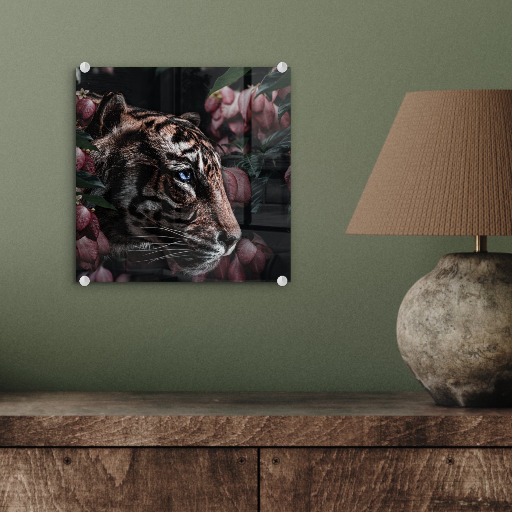 MuchoWow Acrylglasbild Tiger - Blumen Glas - Glasbilder Pflanze, Wanddekoration Glas St), - auf auf Wandbild Foto Bilder (1 - 