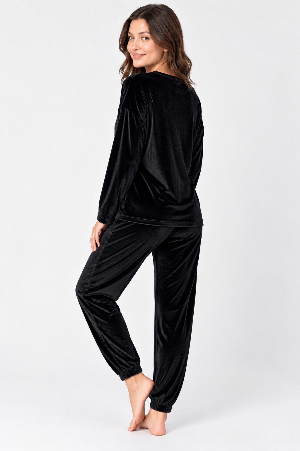 fashionshowcase Schlafanzug Damen Hausanzug aus Samt Pyjama Set für Herbst & Winter (2-teilig, 2 tlg., Langarm-Oberteil + lange Hose) kuschelig weicher Samt-Loo – Bild 3 von 5