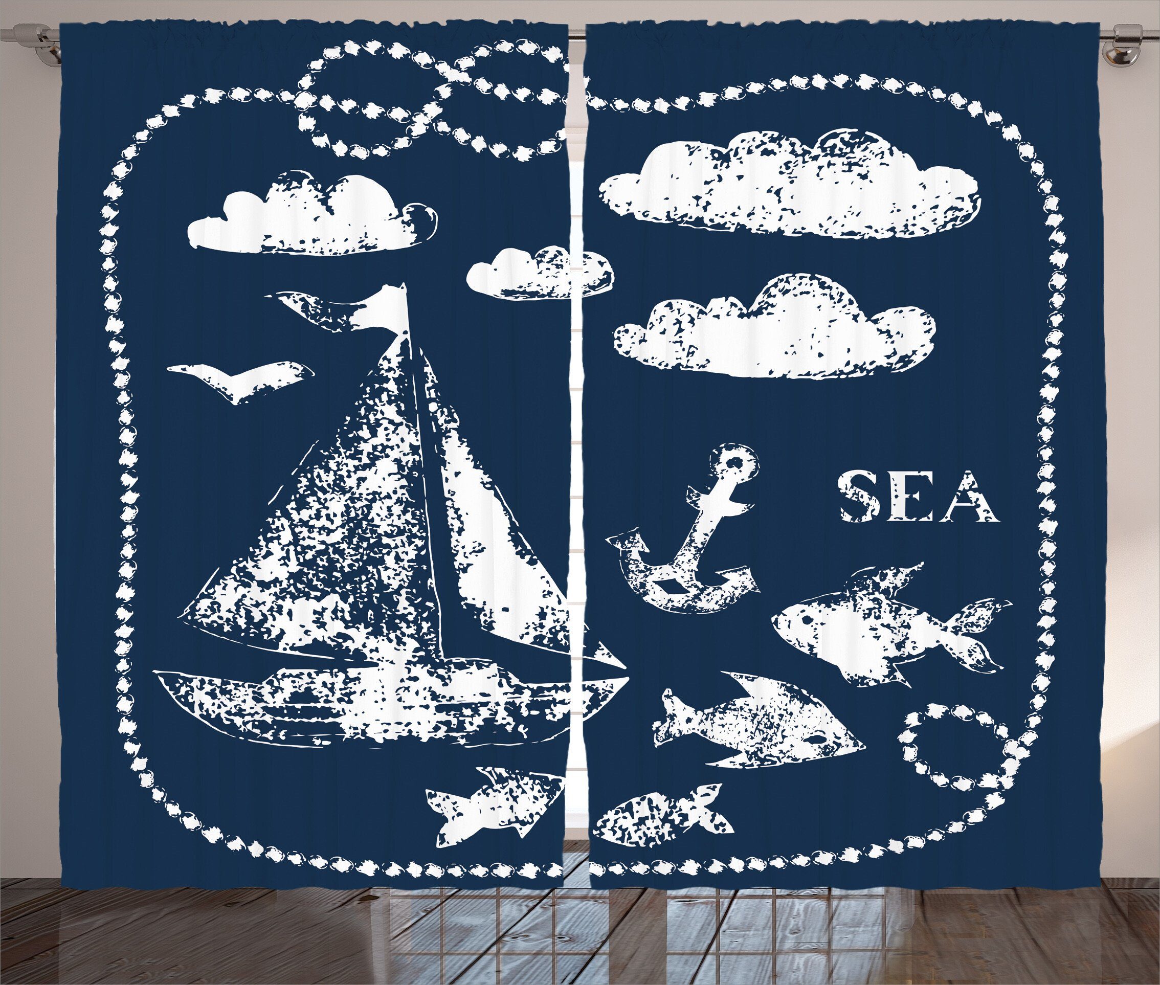 mit Abakuhaus, Boot Haken, Schlafzimmer Navy Schlaufen Gardine Anchor blau Wolken und Kräuselband Vorhang