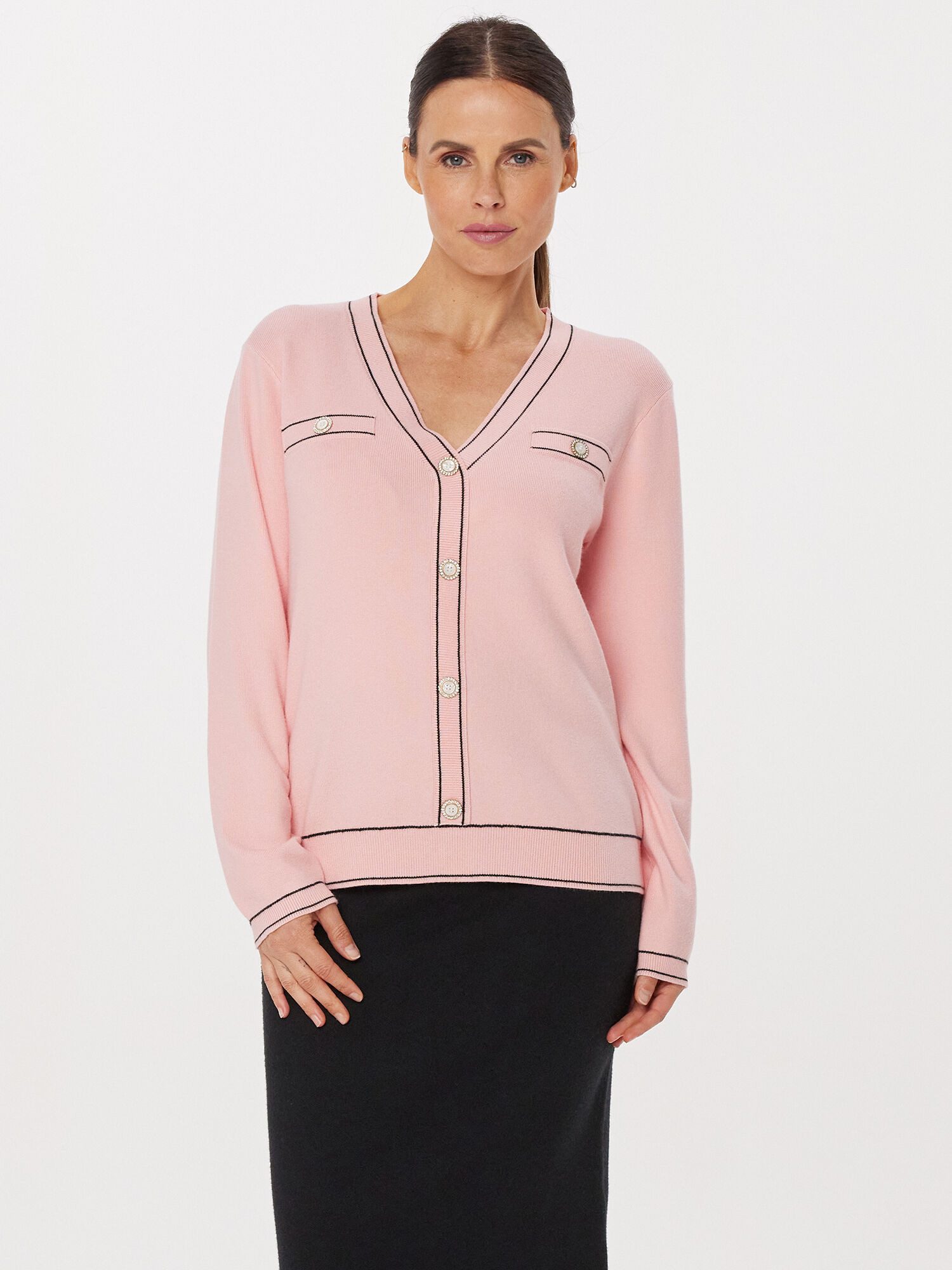 PUNTO & FILO Strickpullover Pullover in Cardigan-Optik figurumspielend Zartes Rosa, schwarze Ziernähte, Schmuckknöpfe, Rippbündchen