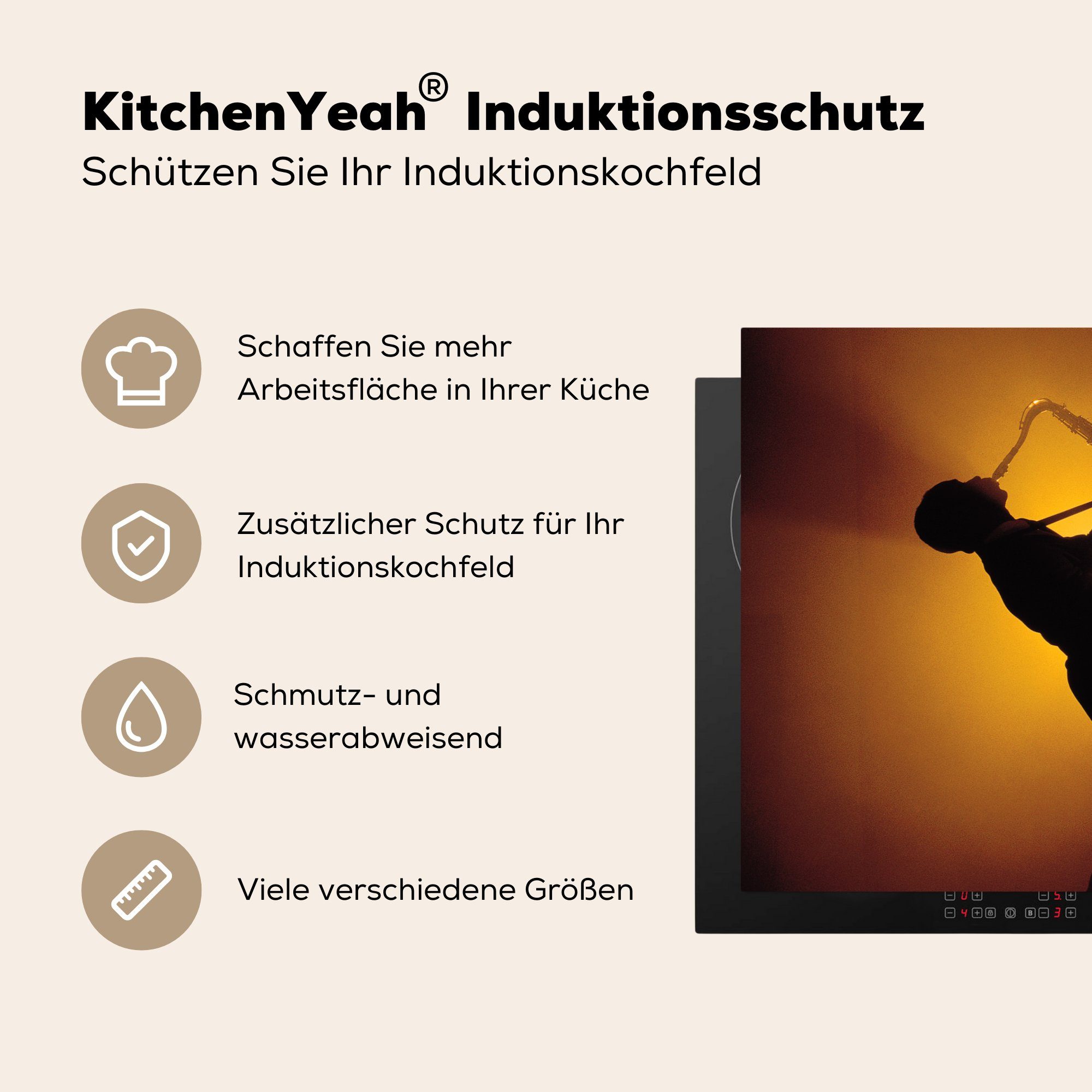 Saxophon, tlg), Vinyl, (1 cm, küche, die Herdblende-/Abdeckplatte 81x52 Silhouette MuchoWow Induktionskochfeld Schutz Ceranfeldabdeckung Mann für mit