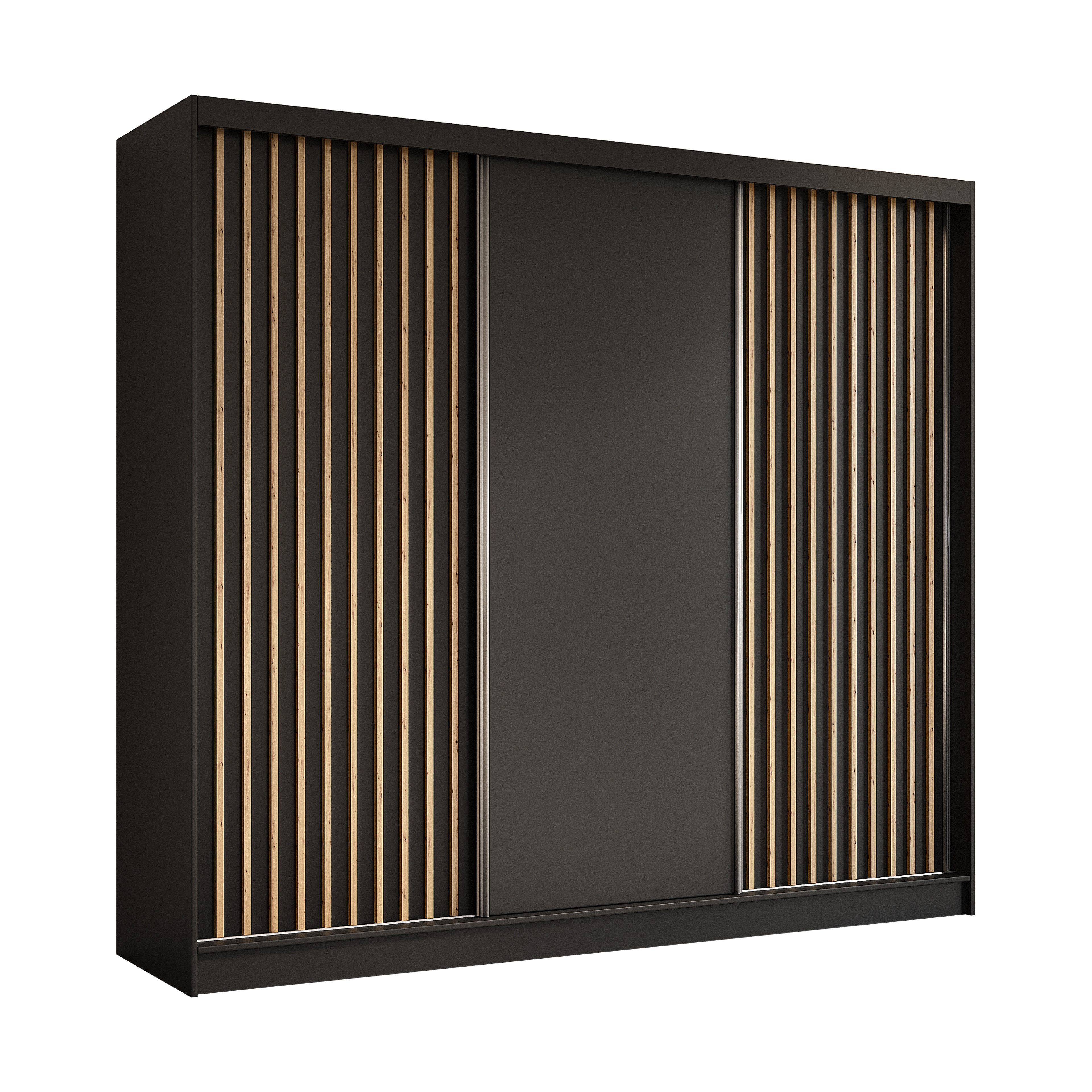 Masseno Schwebetürenschrank LAMELLO 240 cm Kleiderschrank 3 Türen Schlafzimmerschrank Schwarz