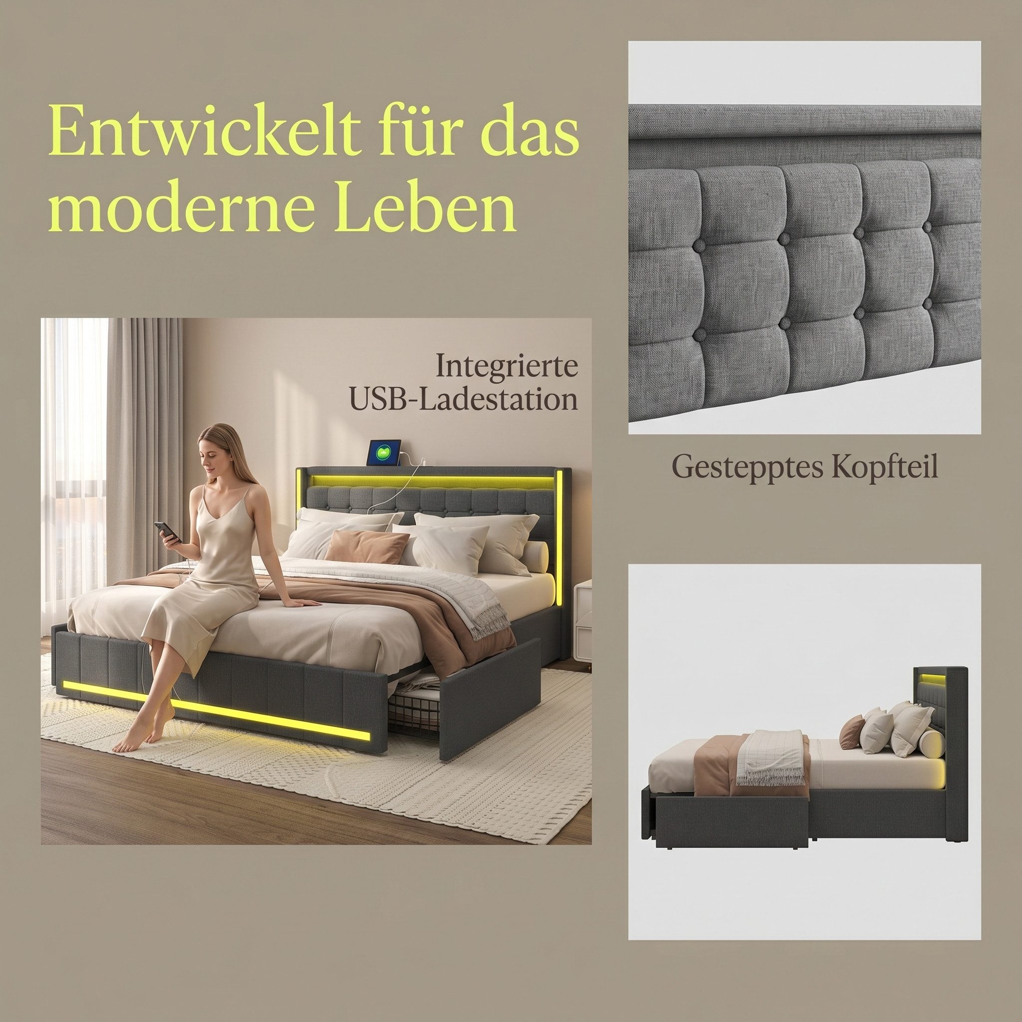 PXloue Polsterbett LED Doppelbett 140x200cm mit Ladefunktion und 4 Schubladen Polsterbett (Geeignet für Jugendliche und Erwachsene), Stauraumbett, mit RGB-LED,  – Bild 4 von 5