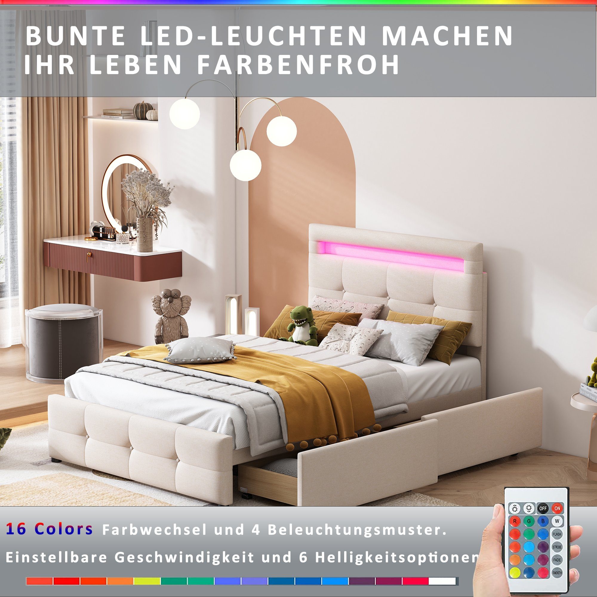 90*200cm Flieks Einzelbett Beleuchtung 2 Polsterbett, Schubladen beige LED Leinen