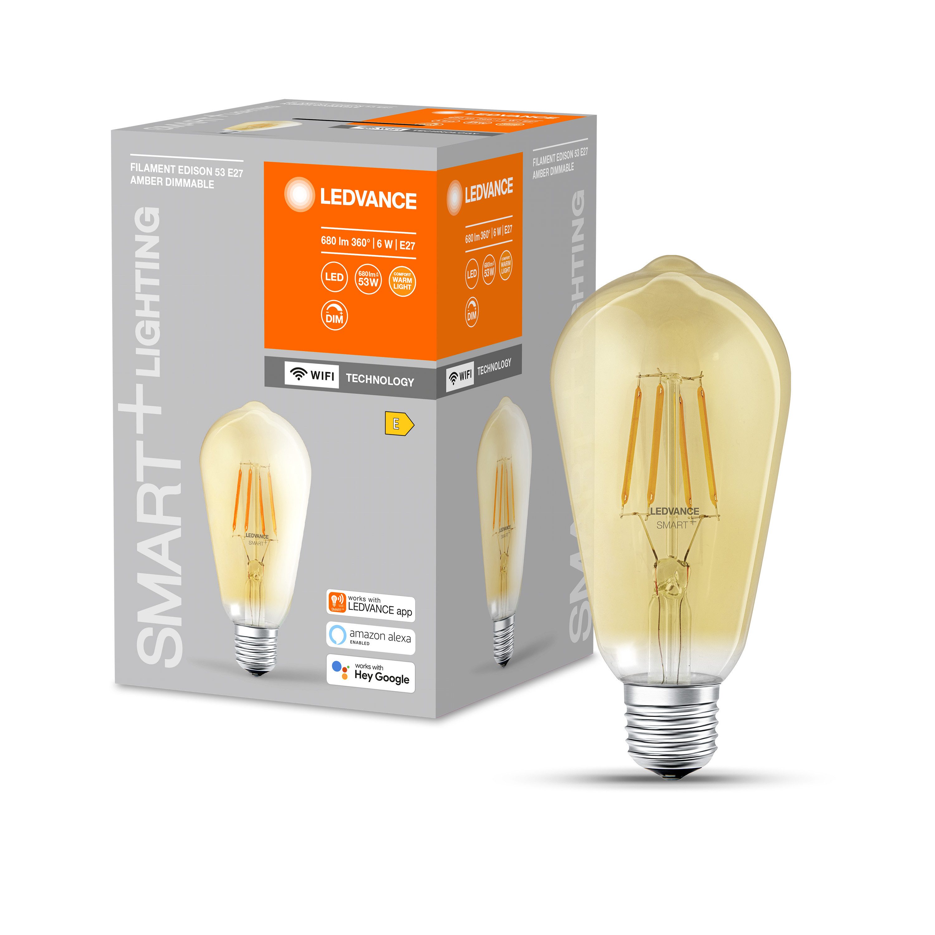 Ledvance LED-Leuchtmittel SMART+ Filament Edison Dimmable 53 6 W/2400 K E27, E27, 1 St., Warm weiß, Drahtlose Steuerung über App