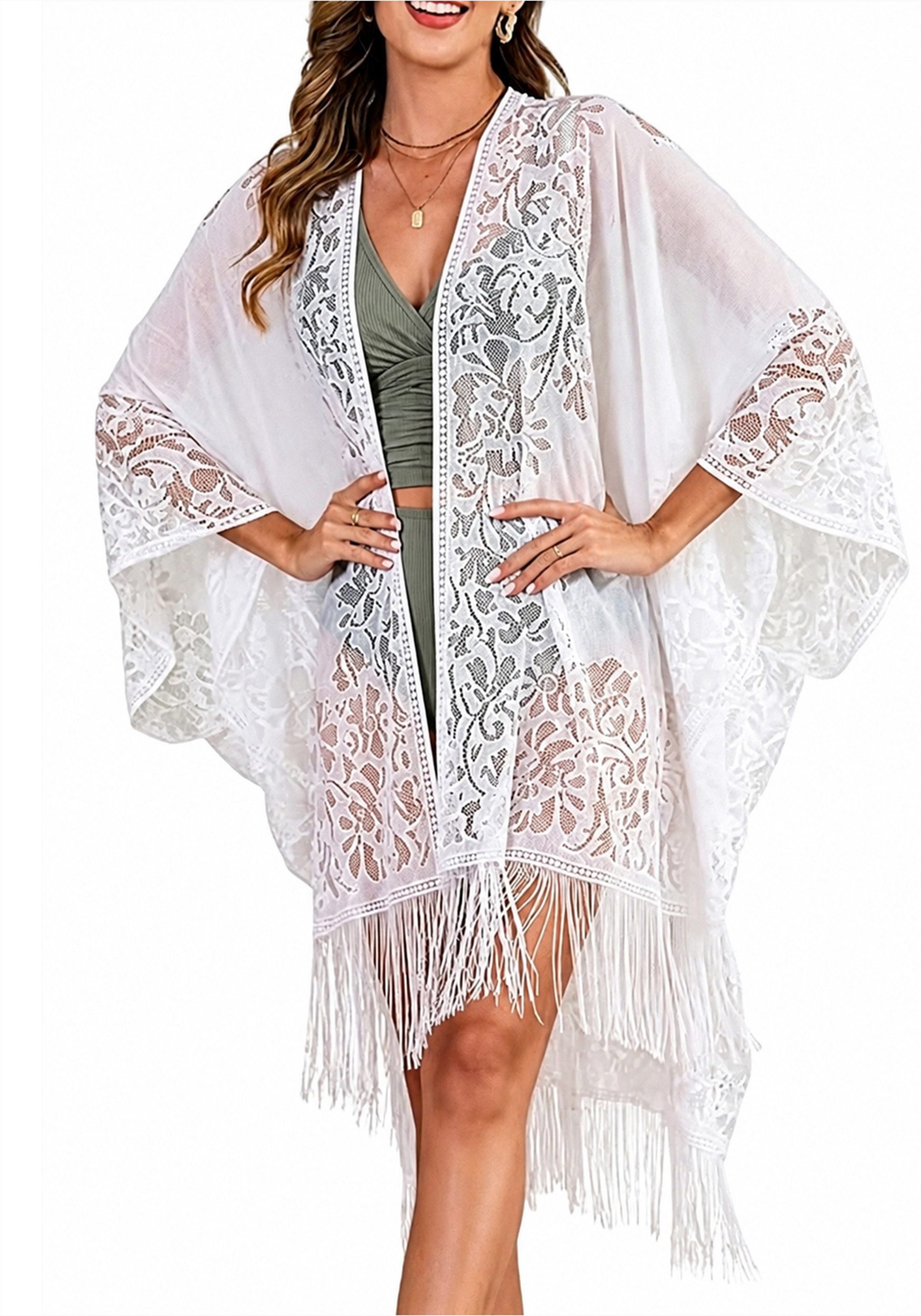 Mutig Strandkleid Spitzen-Kimono Strandponcho für Damen eleganter Badeanzug CoverUp (Boho Kimono Poncho, lockere Strandtunika mit Quasten-Cardigan., Strickjacke als Bikini Beachwear Cardigan – ideale Resortbekleidung) für Urlaub, Pool, Strand und Party