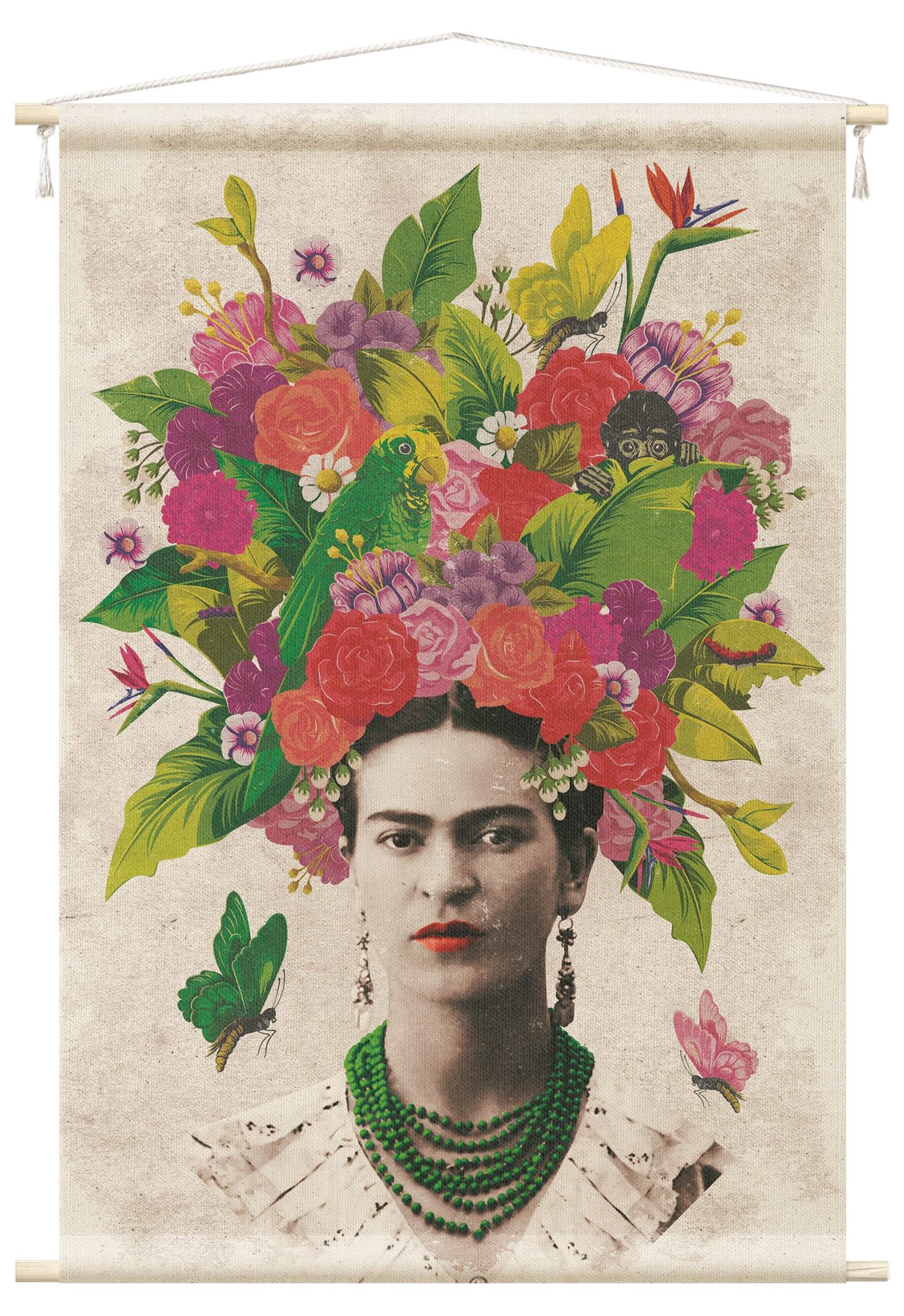 Bilderdepot24 Wandteppich modern Frida Kahlo Blumen rot, rechteckig, Höhe: 2.6 mm, großes Wandbild aus Natur-Baumwolle Wandbehang Stoffbild Tuch Wollseil