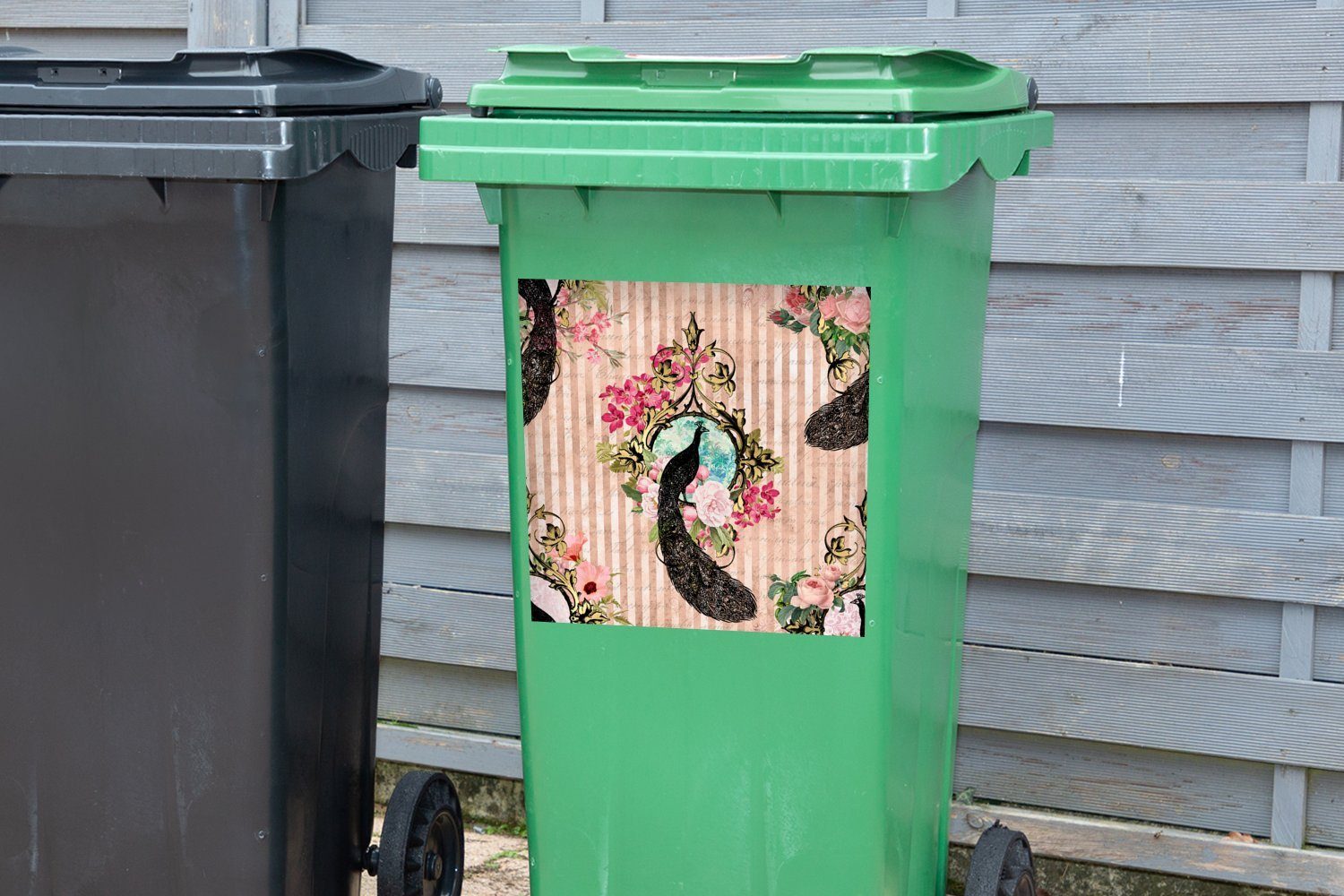 Wandsticker - St), Sticker, - Mülltonne, Rosa Abfalbehälter MuchoWow (1 Mülleimer-aufkleber, Blumen Pfau Container,