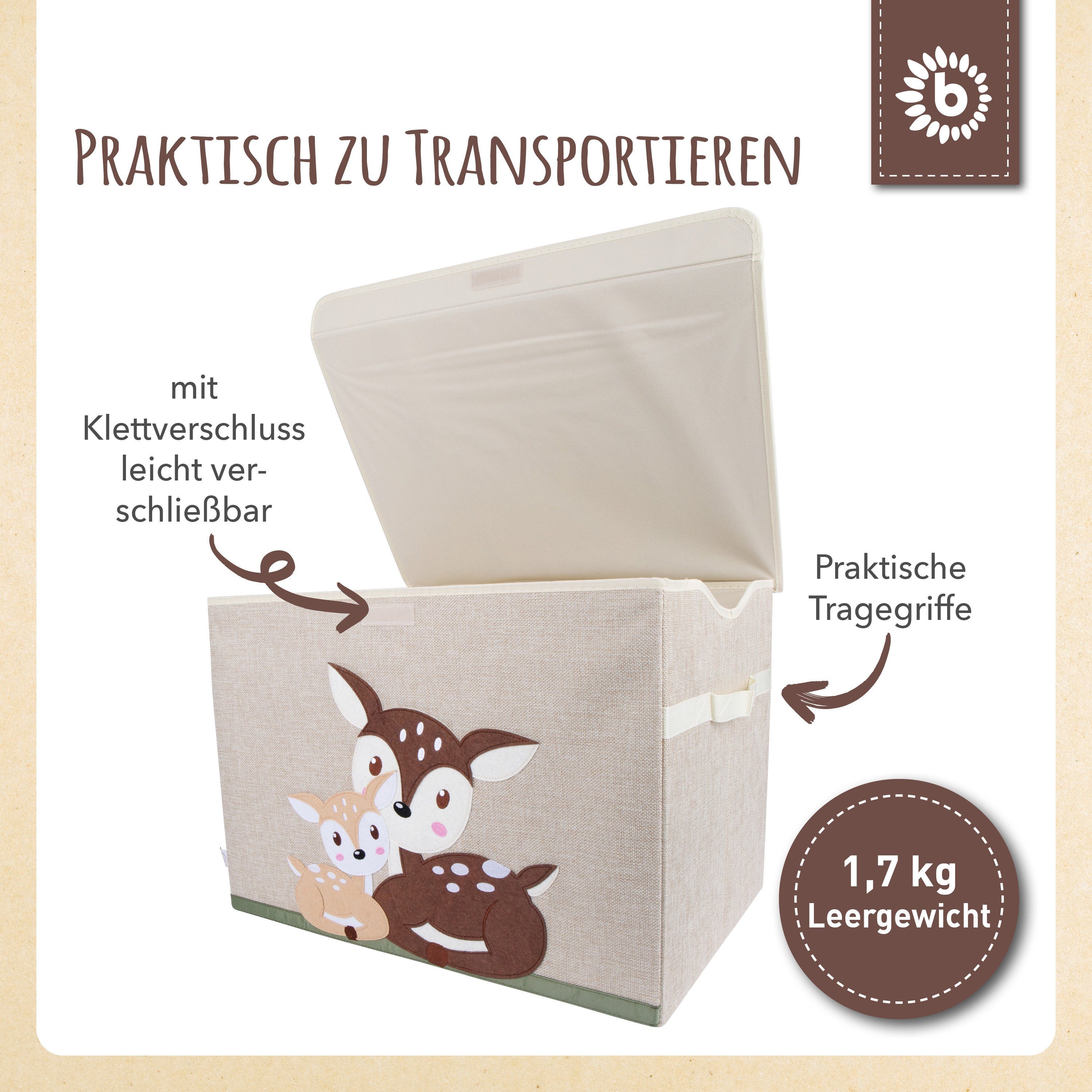 BIECO Spielzeugtruhe Bieco Aufbewahrungsbox mit Deckel faltbar Deckel Groß Reh mit Kinder Aufbewahrungsbox 36x36x51cm Spielzeugkiste Aufbewahrungsbox Wickeltisch mit Kisten 65L Motiv Organizer ca. Deckel