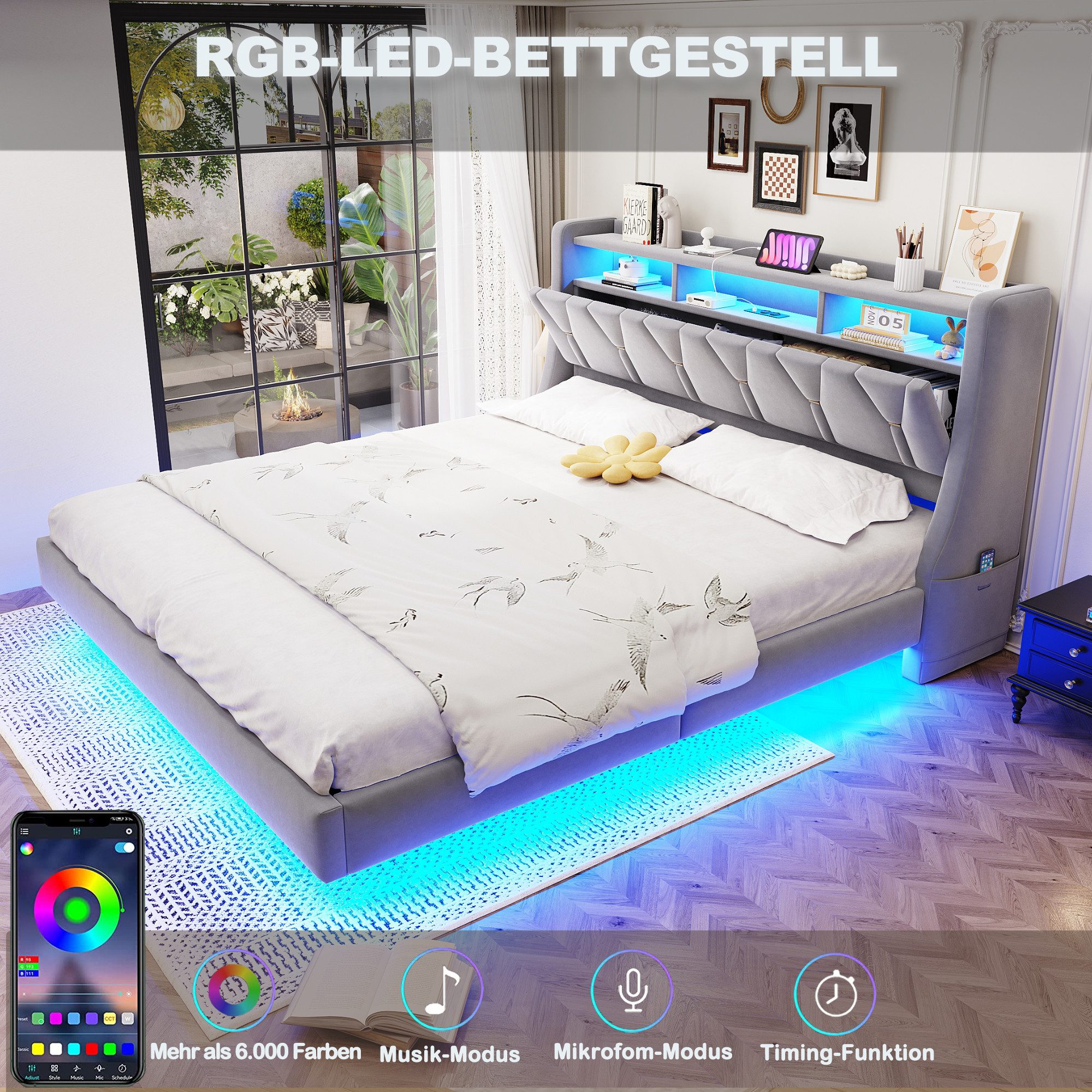 Celya Polsterbett mit LED-Beleuchtung und Steckdose (ohne Matratze, 180 x 200 cm, Umklappbares Kopfteil Mit Steckdose und Ablagefach), Gepolstertes Kopfteil, Ve – Bild 3 von 5