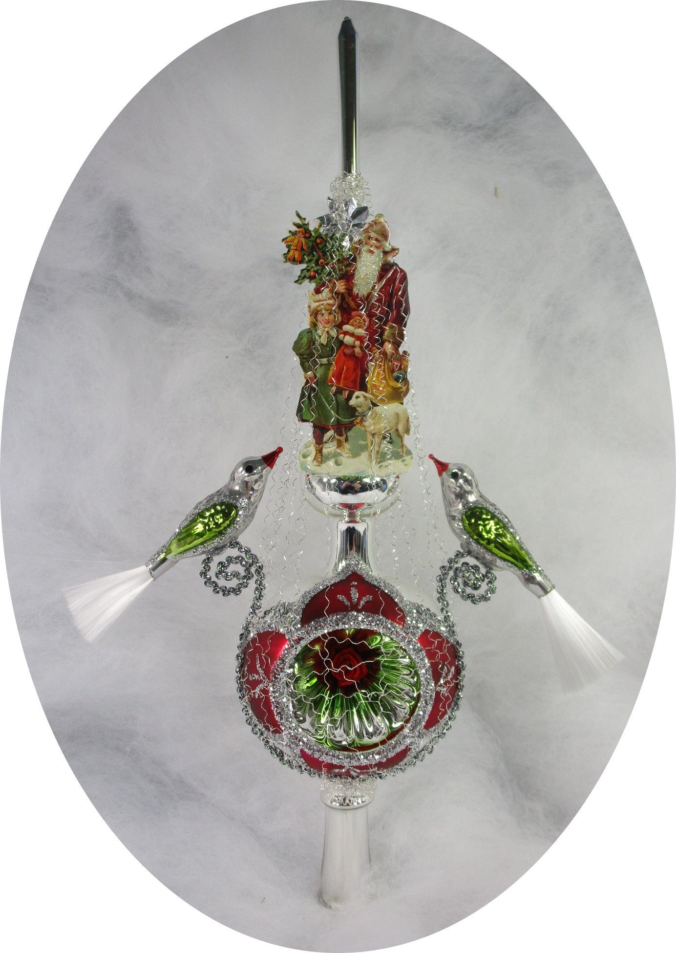 Nostalgie Christbaumschmuck Thüringen Christbaumspitze Viktorianische Spitze mit 2 Vögeln und Weihnachtsmann (1-tlg), Viktorianische Spitze mit 2 Vögeln und Weihnachtsmann