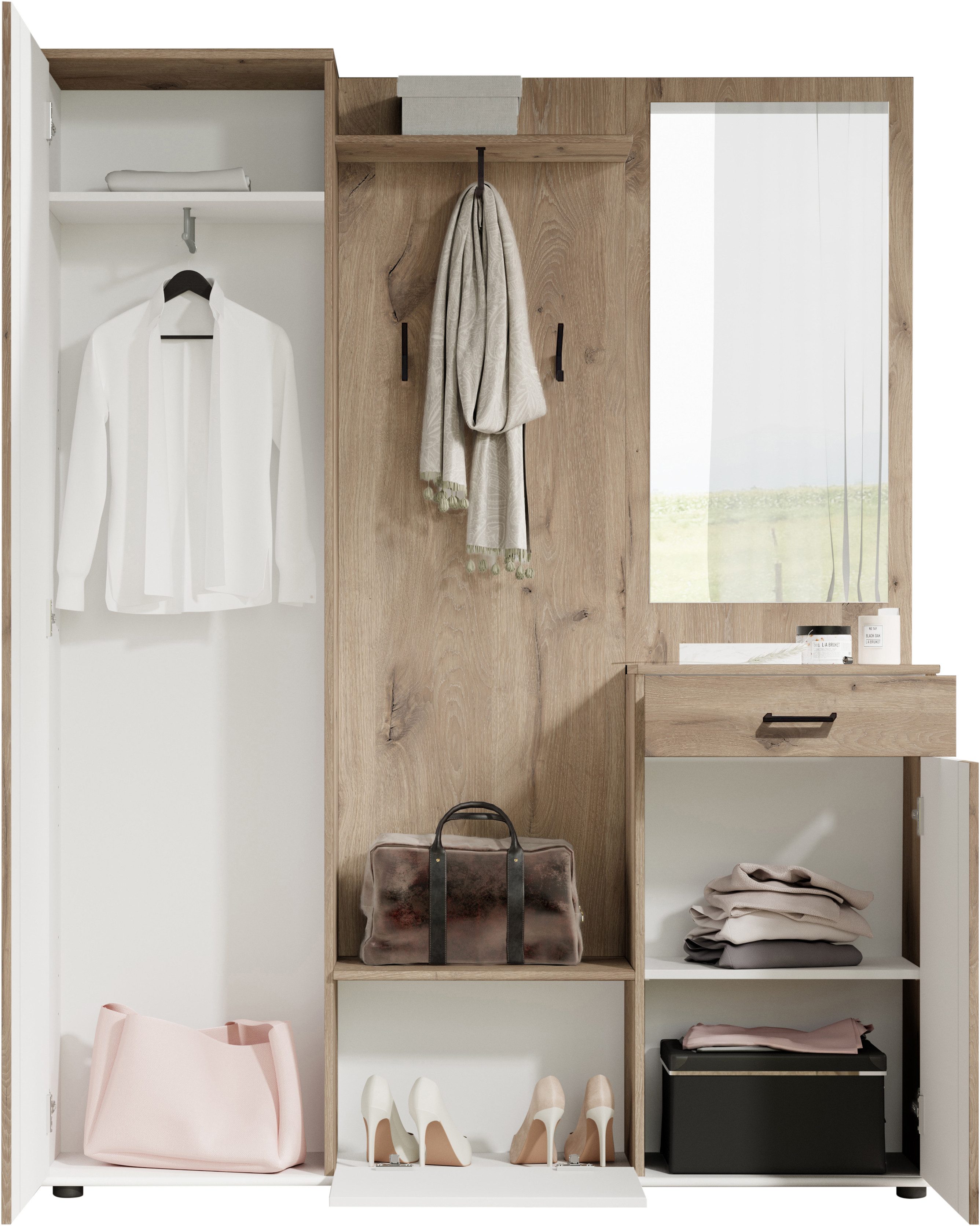 HBZ Kompaktgarderobe Jens mit Spiegel, Flurgarderobe BxHxT 145x184x29 cm (1-St) Mit Hochschrank, Bank, Paneel und Kommode
