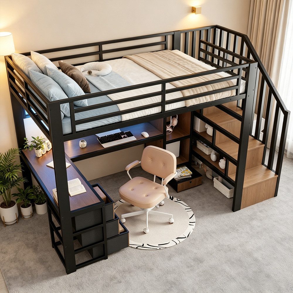 REDOM Hochbett Jugendbett mit Eisenrahmen, Ablagefach, 4 Schubladen (LED-Lichtleiste, Schreibtisch und Stauraumtreppe, Funktionsbett Metallbett, 90 x 200 cm) ohne Matratze