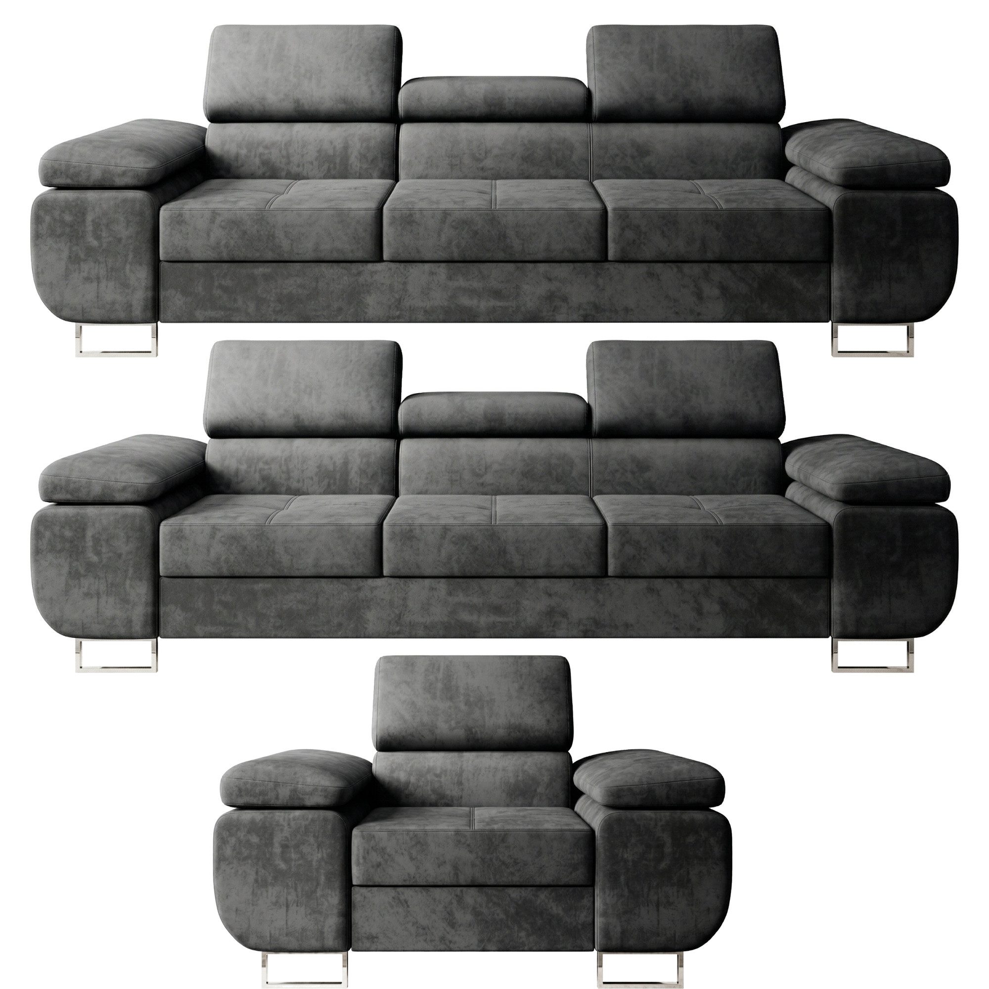 M-Punkt24 Polstergarnitur Sofa Wohnlandschaft DUBAI, (3-3-1, mit Bettfunktion, XL Sofa-Set, Bigsofa, Samt, Anthrazit, Grau), Bestehend aus 3-Sitzer mit Bettfunktion, Sessel