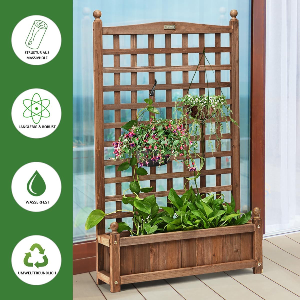 COSTWAY Blumenkasten, Pflanzkasten, Hochbeet mit Spalier, 64,5x28x120 cm