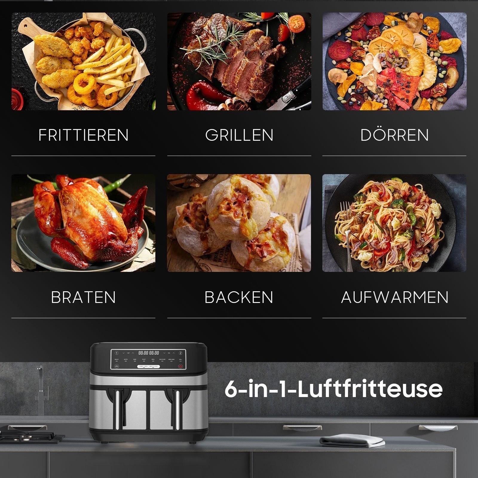 Senmudi Heißluftfritteuse 10L Heißluftfritteuse mit Funktion, Öl, LED-Touchscreen Sync XXL 2600,00 Finish ohne 8 Programmen, Doppelkammer, mit Airfryer B-Schwarz W, Digitalem