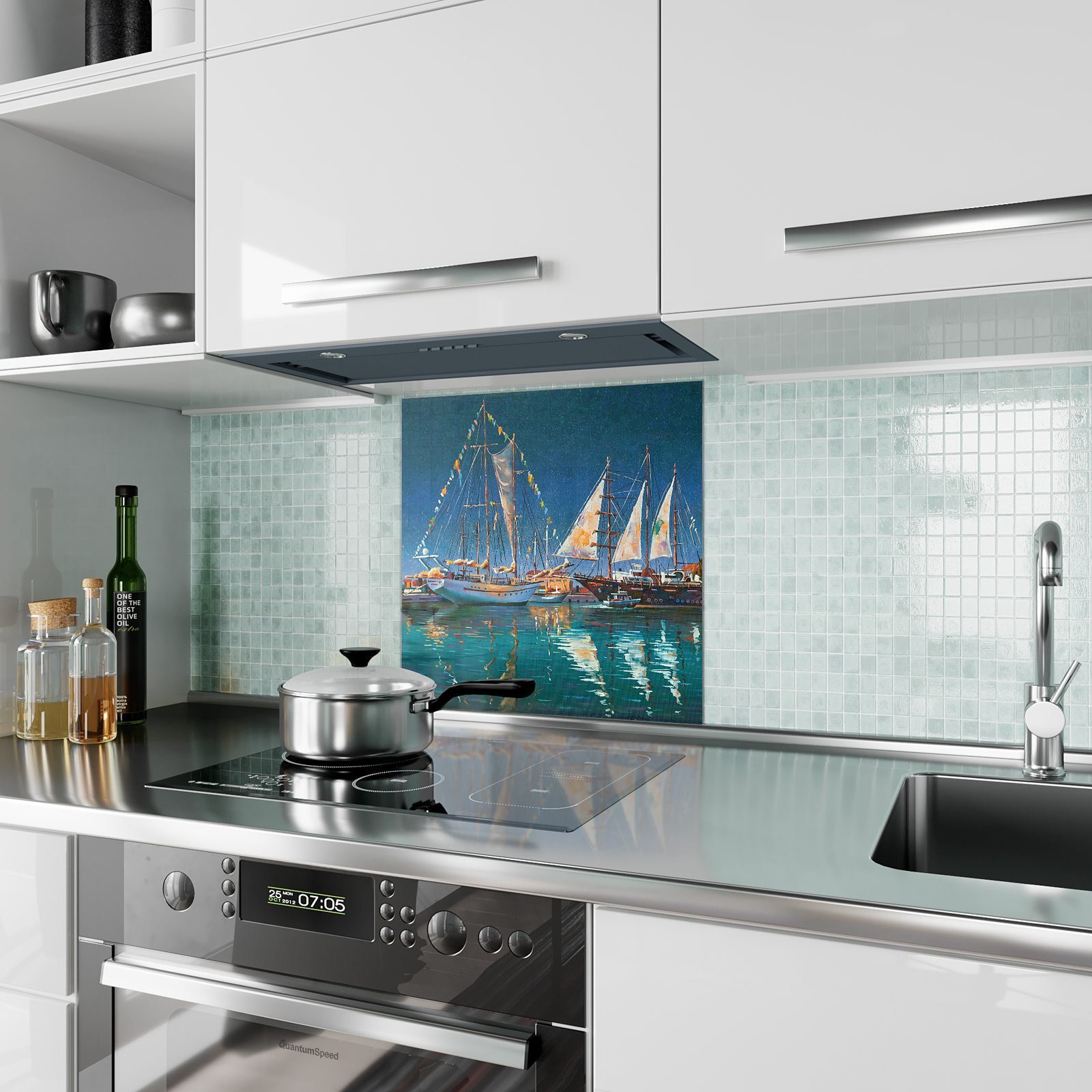 mit Motiv Segelschiffe Spritzschutz am Küchenrückwand Glas Primedeco Küchenrückwand Hafen